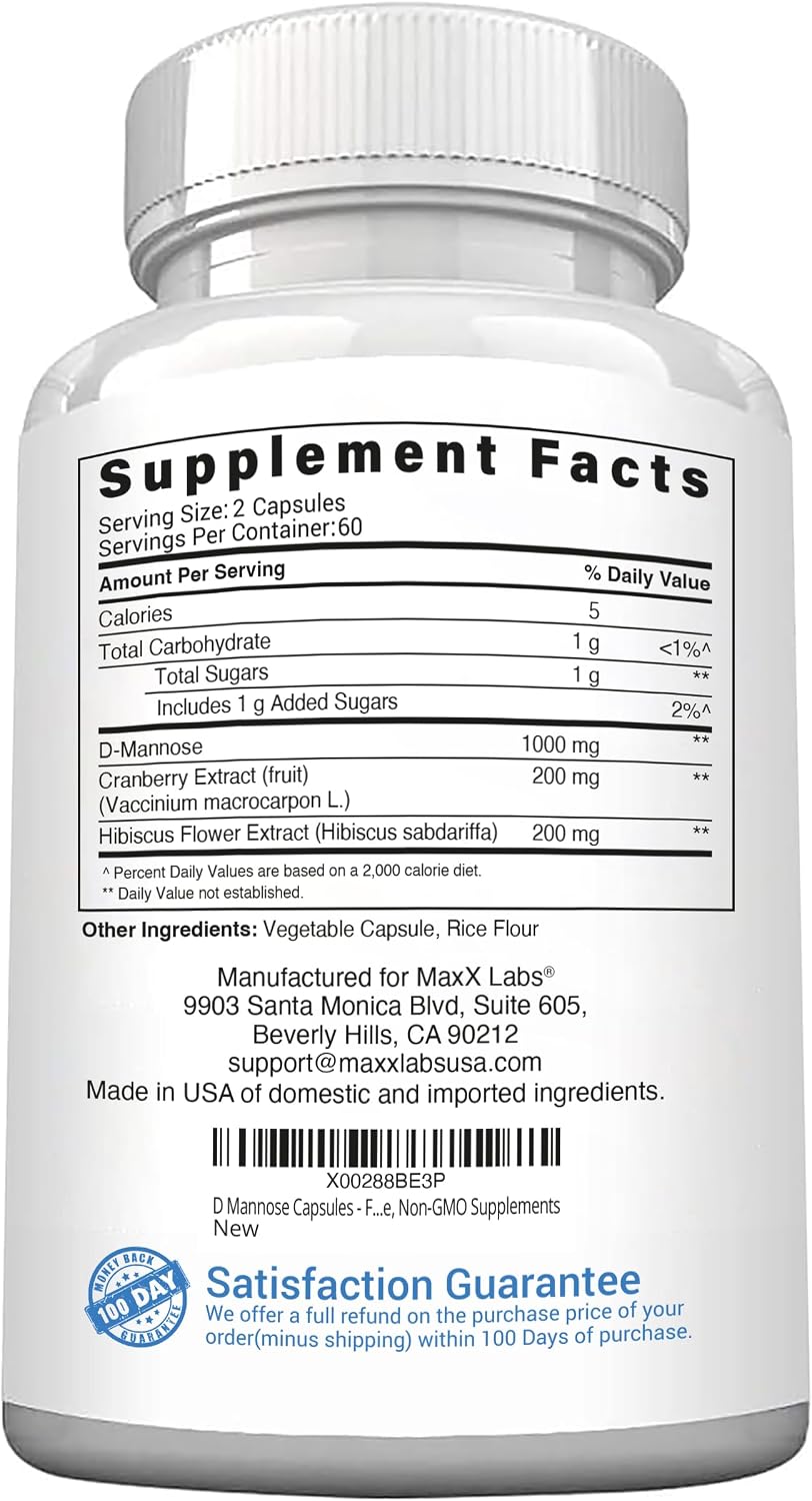 D-Mannose Capsules, 1400 Mg with Cranberry & Hibiscus Flower, 120 Ct | Fast Acting Formula, Supports Bladder & Urinary Tract Health - Extra Strength 60 Servings