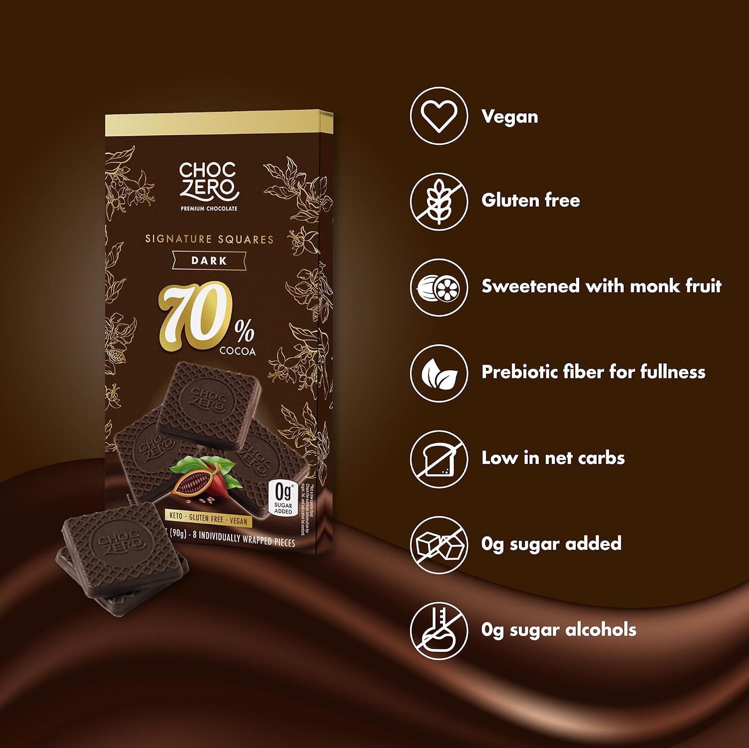 ChocZero 70% Cocoa Sugar Free Dark Chocolate Squares, Vegan, 4 Pack | No Sugar Alcohols, Keto, Low Carb, High Fiber, Gluten Free, 32 Total Candy Squares