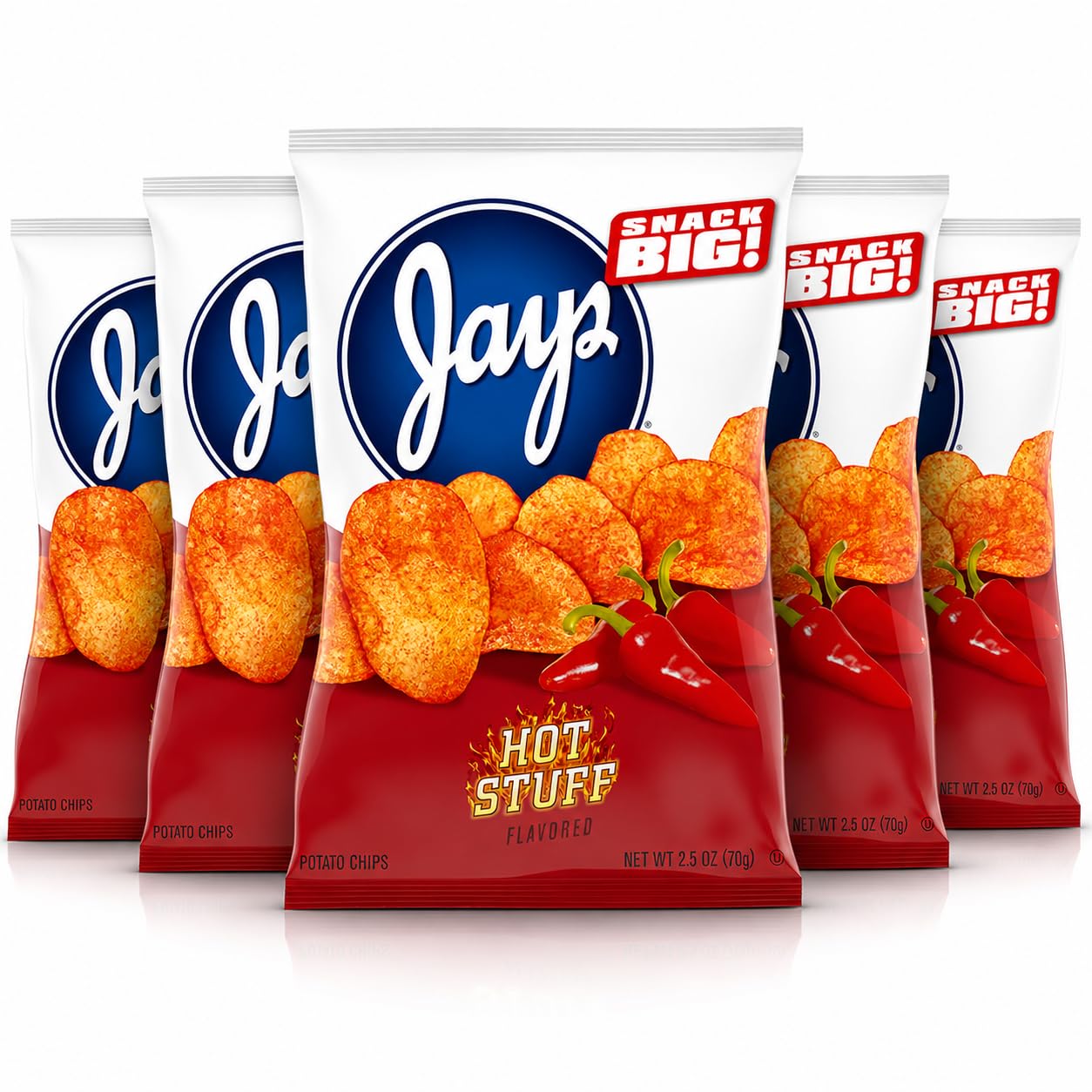 Jays Pack of 5 Hotstuff Potato Chips, 2.5 oz Each Snack Bag