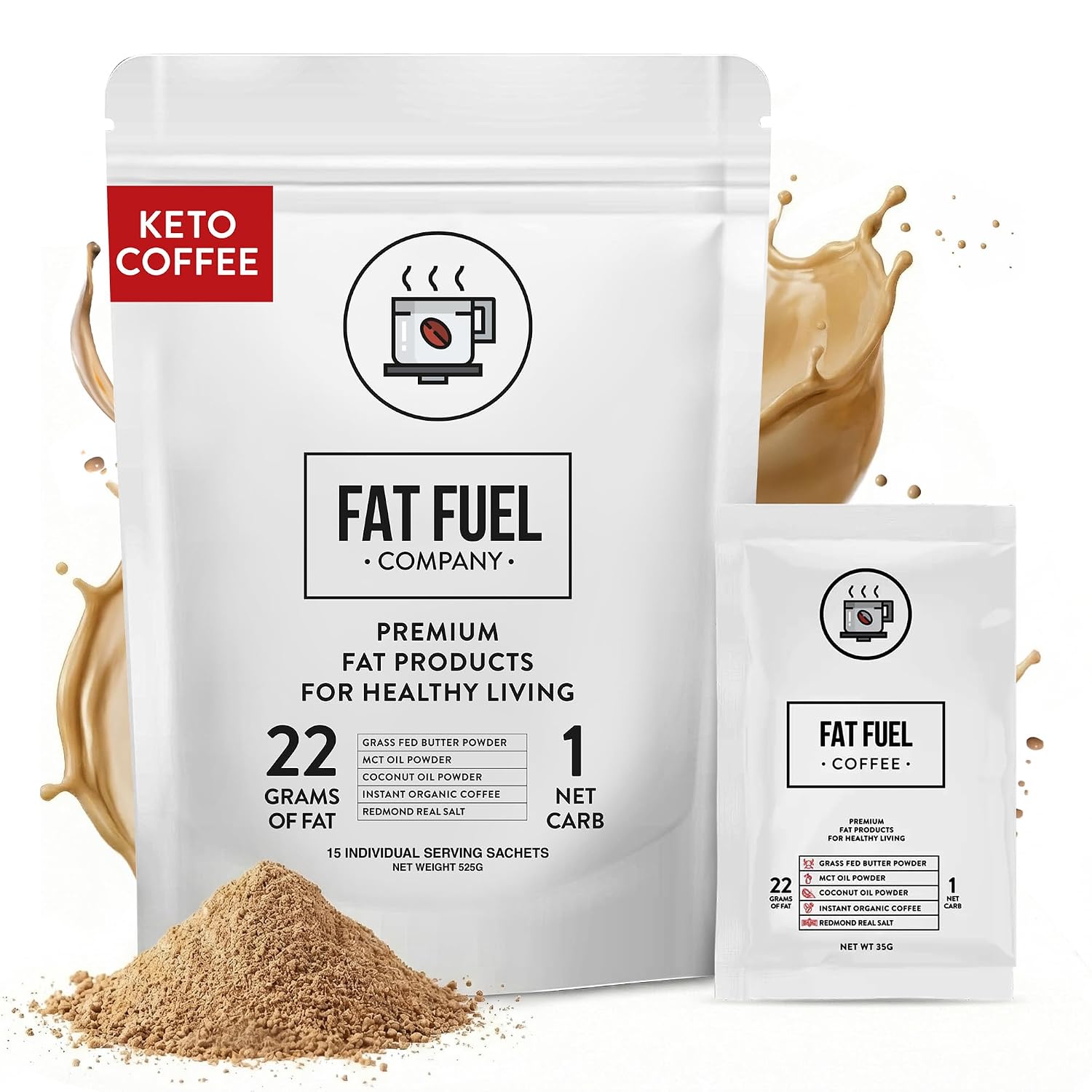 FAT FUEL Keto Coffee 22g Premium Fats - With Grass Fed Butter, MCT Oil, Coconut & Redmond Real Salt - Instant Organic Coffee, One Net Carb, A True Meal Replacement - 15 Servings