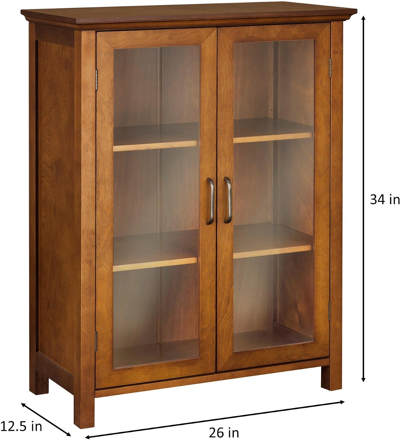 Teamson Home Avery Wooden Freestanding Floor Cabinet with 2 Adjustable Shelves 3 Storage Spaces 2 Glass Paneled Doors and 2 Antique Brass Knobs