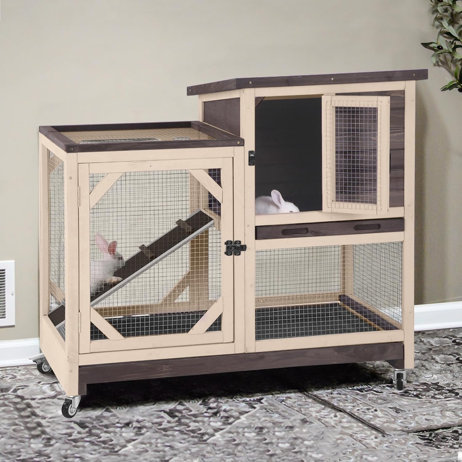 Indoor Rabbit Bunny Hutch Outdoor, Guinea Pig Cages with Removable Bottom Wire Netting - Easy Clean