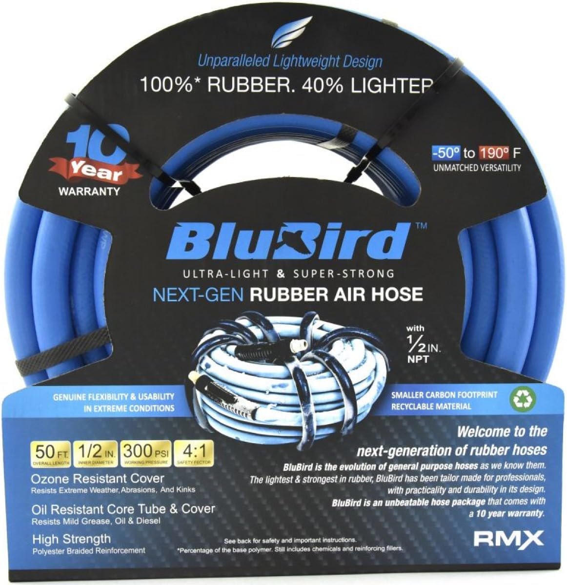 BLUBIRD BB1250 1/2" x 50' Rubber Air Hose, 100% Rubber, Lightest, Strongest, Most Flexible, 300 PSI, 50F to 190F Degrees, Ozone Resistant, High Strength Polyester Braided