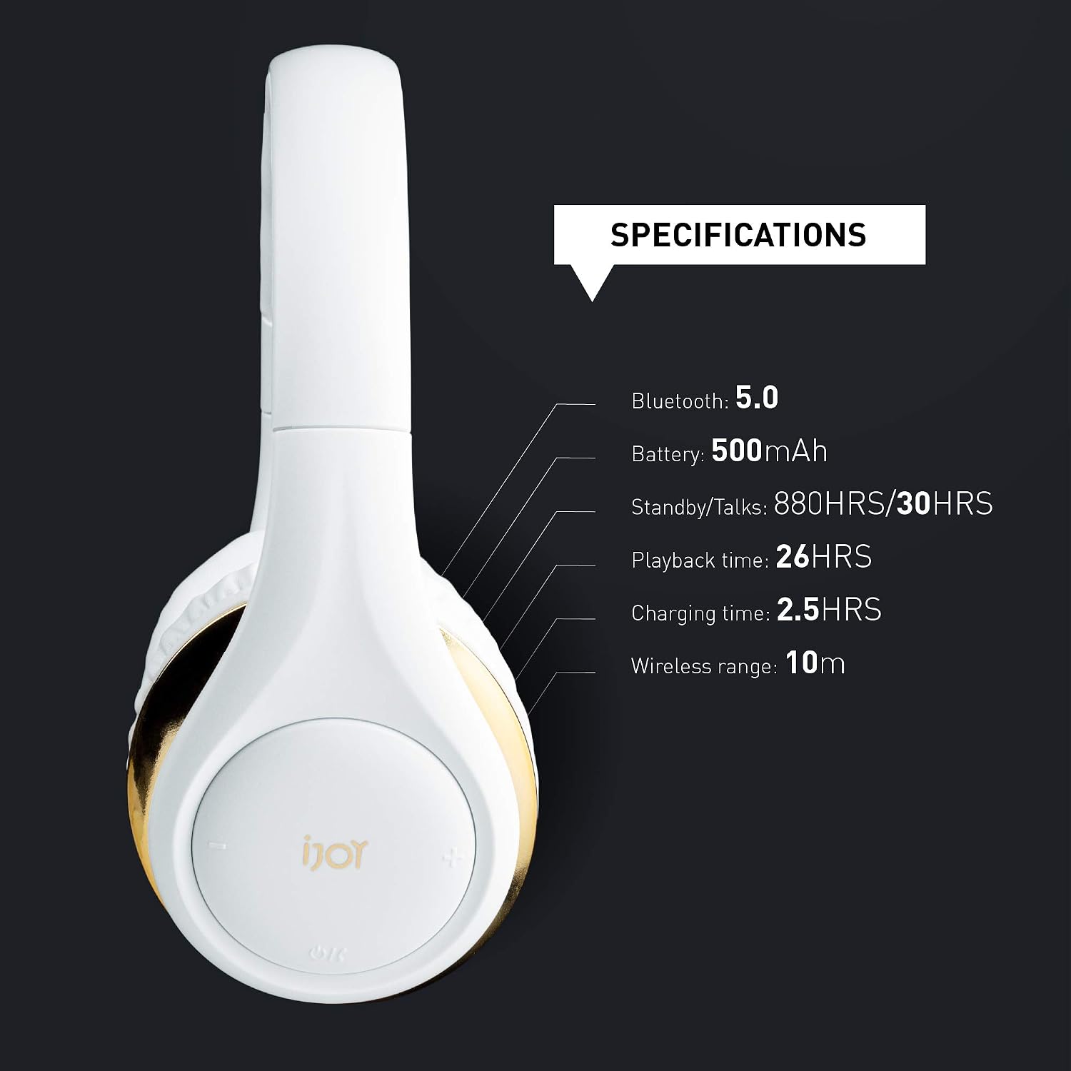 iJoy ISO Bluetooth 5.0 Wireless Over Ear Foldable Stereo Headphones with 30 Hours Battery and Built-in Microphone, (White/Gold)