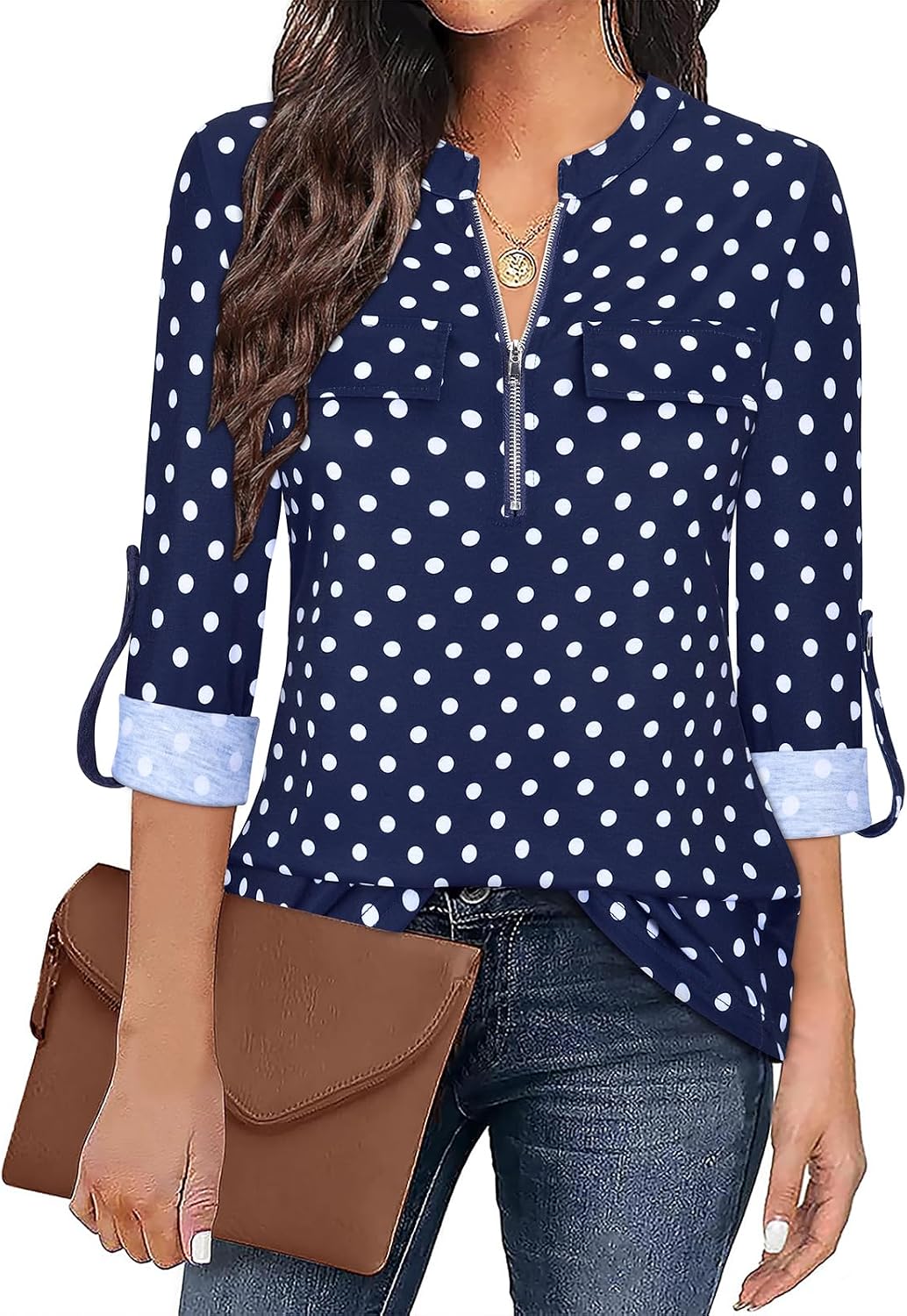 Tanst Sky Womens Casual Long Sleeve Zipped V Neck Plaid Tunic Blouses
