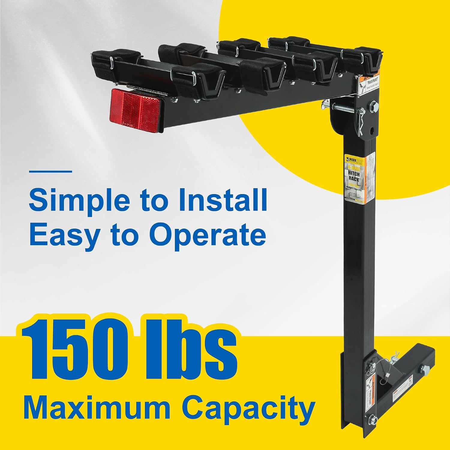 MaxxHaul Hitch Mount 4 Bike Rack 150 lb Capacity Heavy‑Duty Swing Down Design Fits Cars Trucks SUVs and Minivans with Safety Reflector Easy