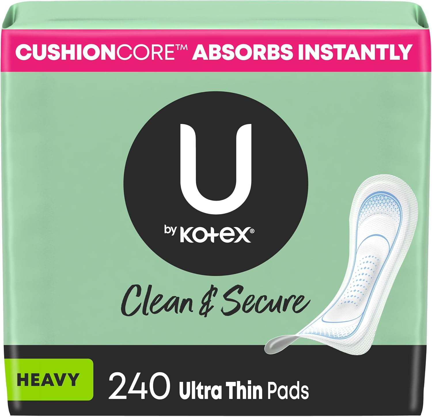 U by Kotex Clean & Secure Ultra Thin Pads, Regular Absorbency, 176 Count (4 Packs of 44) (Packaging May Vary)