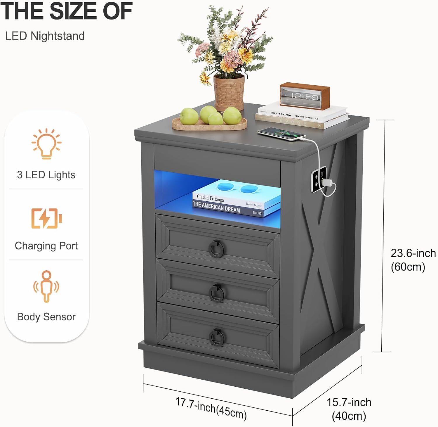 Smart LED Nightstand with Lockable Gun Drawer & Glass Top（Black） | Modern Bedside Table with Charging Station and Hidden Storage, LED Night Stand with 4 Drawers & Motion Sensor for Bedroom