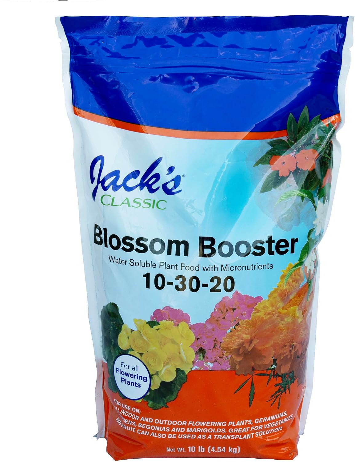 Jack's Classic 10-30-20 Blossom Booster Water-Soluble Fertilizer, 4lb | Powdered Plant Food, Targeted Micronutrient Package, Increases Bloom Color & Quantity, Liquid Root & Foliar Feeding