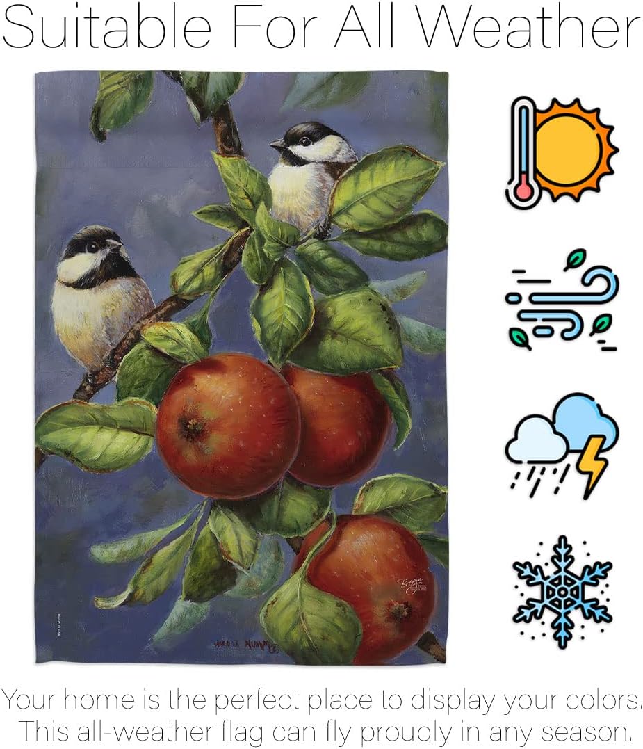 H105034-BO Chickadees & Apples Garden Friends Birds Impressions Decorative Vertical 28" x 40" Double Sided House Flag Printed in USA