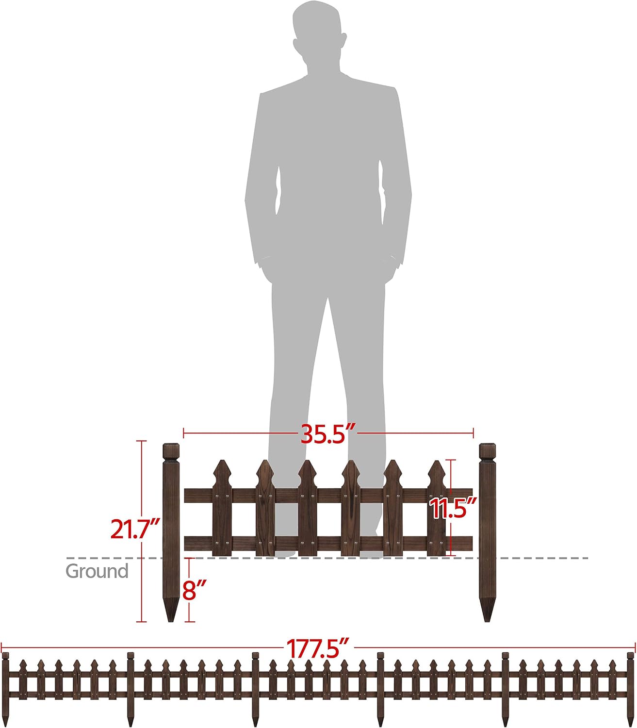 Topeakmart 177.5in Picket Fence for Garden, Wooden Fence Panels,Dark Brown
