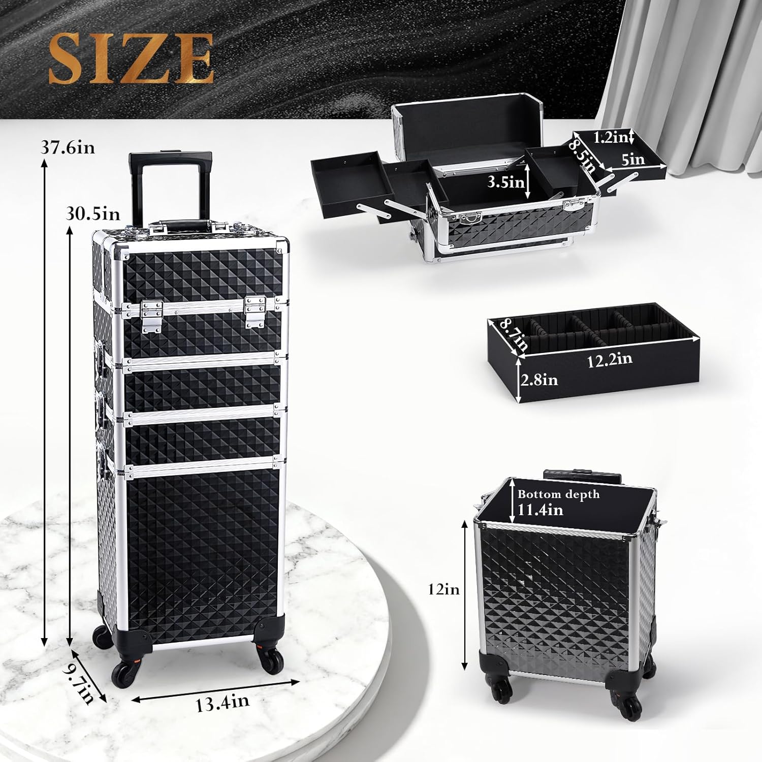 Stagiant Rolling Makeup Case Cosmetology Case on Wheels 4 in 1 Large Cosmetic Organizer Train Case Makeup Travel Case with Key Swivel Wheels Nail
