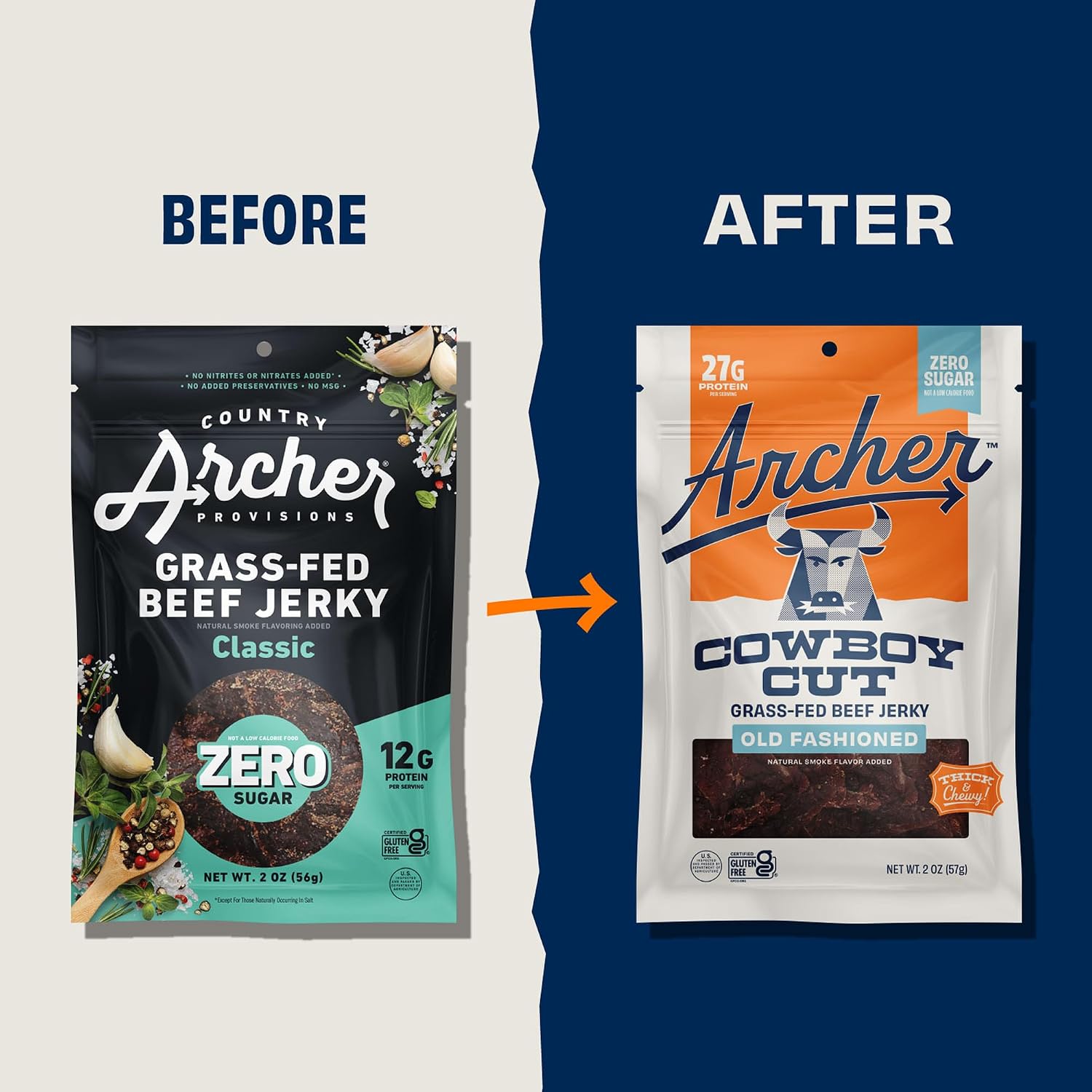 Archer Jerky Cowboy Cut Beef Jerky, Old Fashioned, Zero Sugar- 2 Oz, 6 Pack