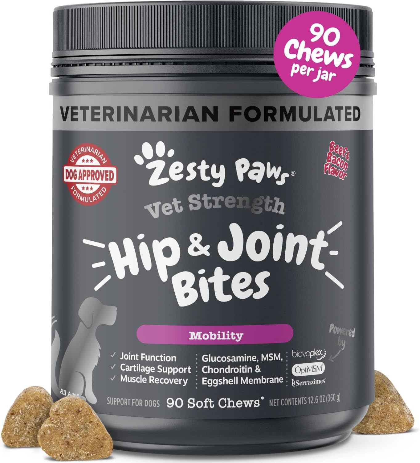 Zesty Paws Hip and Joint Supplement for Dogs - Glucosamine with Chondroitin, MSM, Vitamins C and E Dog Joint Relief - Mobility Bites Duck – 90 Count