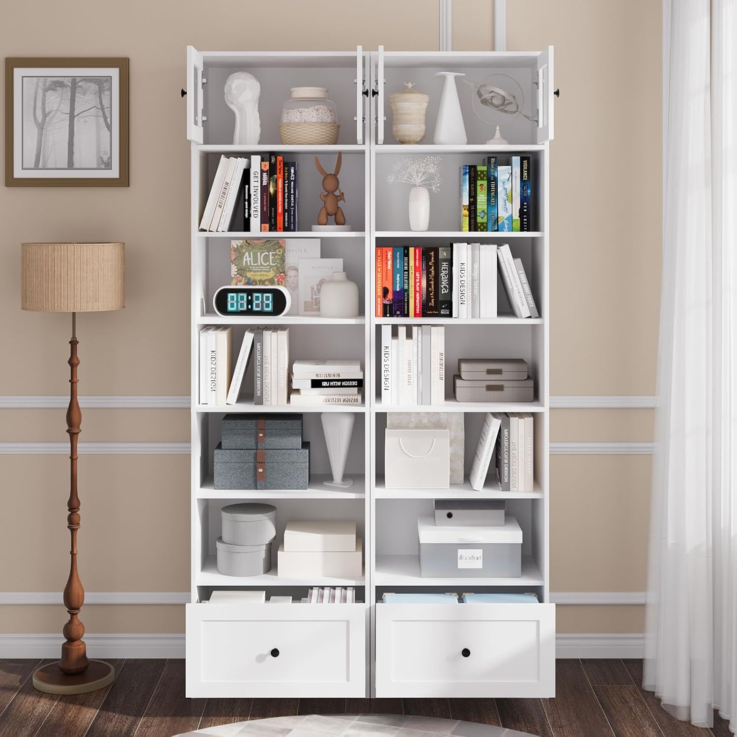 TUSY 85.5 Inch Tall Bookshelf with Doors - 7 Tier Bookcase with Glass Doors and Drawer, 23.6" Wide Storage Cabinet with Open Shelves for Living Room, White Book Shelf for Home Office, Study (AAAA)