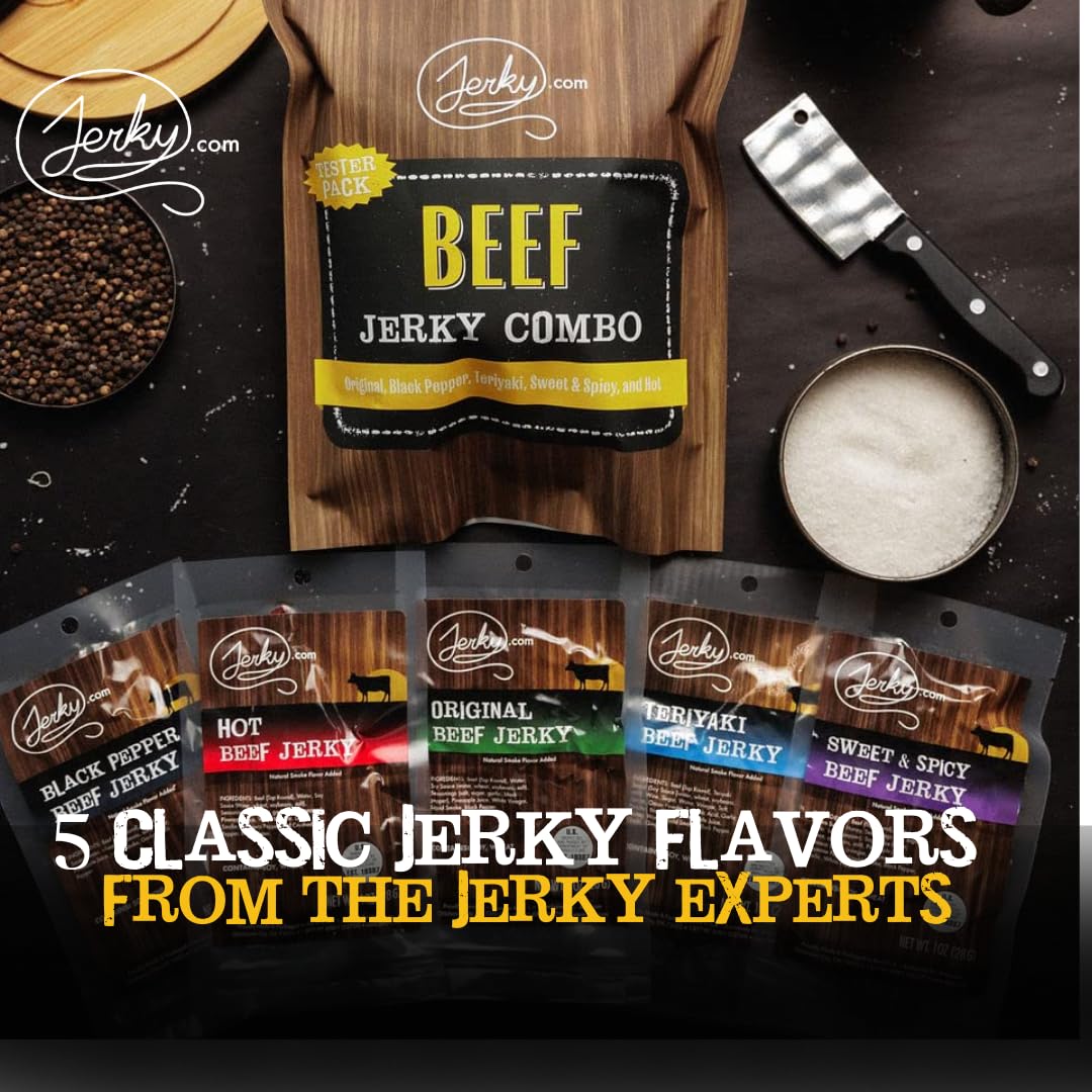 Jerky.com Hot Jerky Combo - Featuring Habanero, Classic Hot, Carolina Reaper, Ghost Pepper - Perfect for Heat Seekers and Flavor Enthusiasts - Beef Jerky Gift for Men (4 Flavors - 2.5 oz. bags)