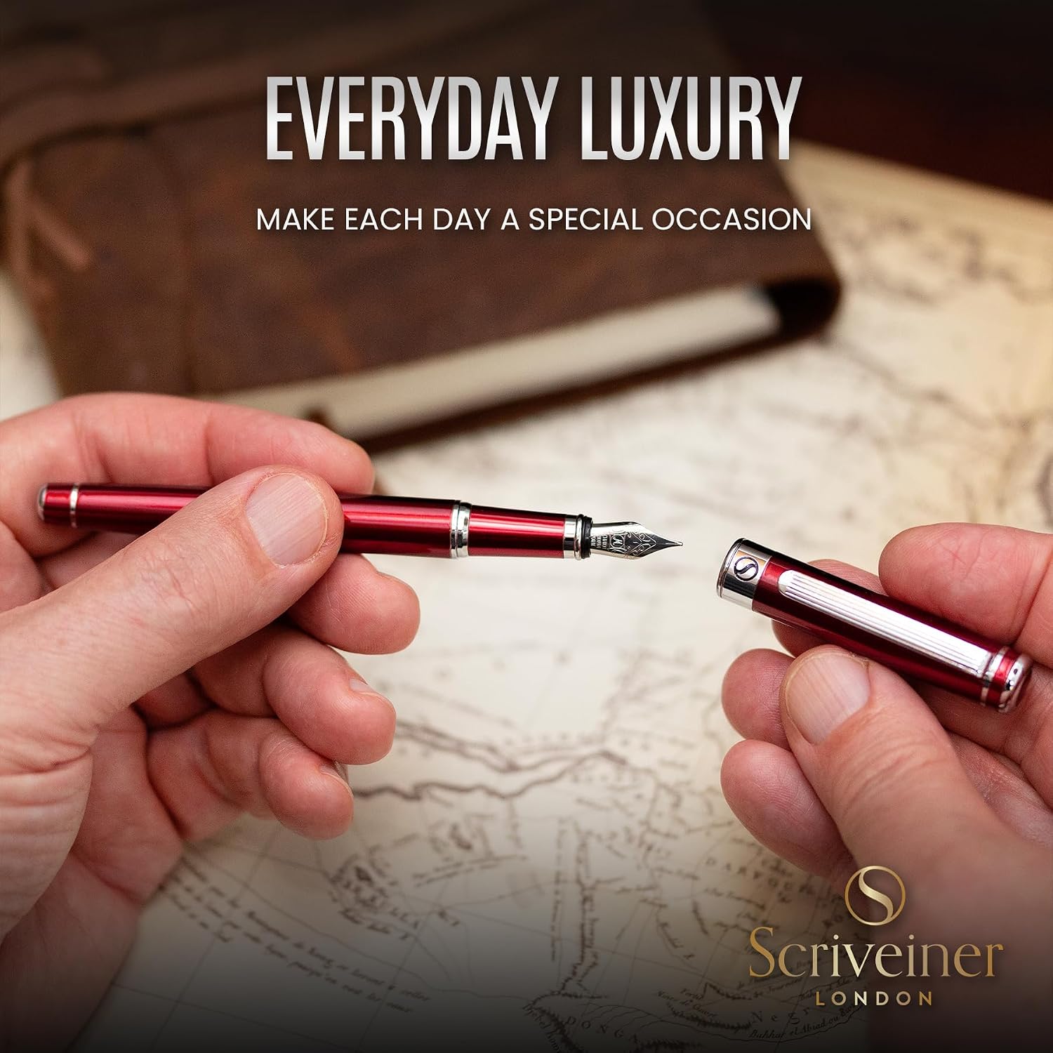 Scriveiner Silver Chrome Fountain Pen - Stunning Luxury Pen, Real Gold Finish Schmidt Gilded Nib (Medium), Best Pen Gift Set for Men & Women