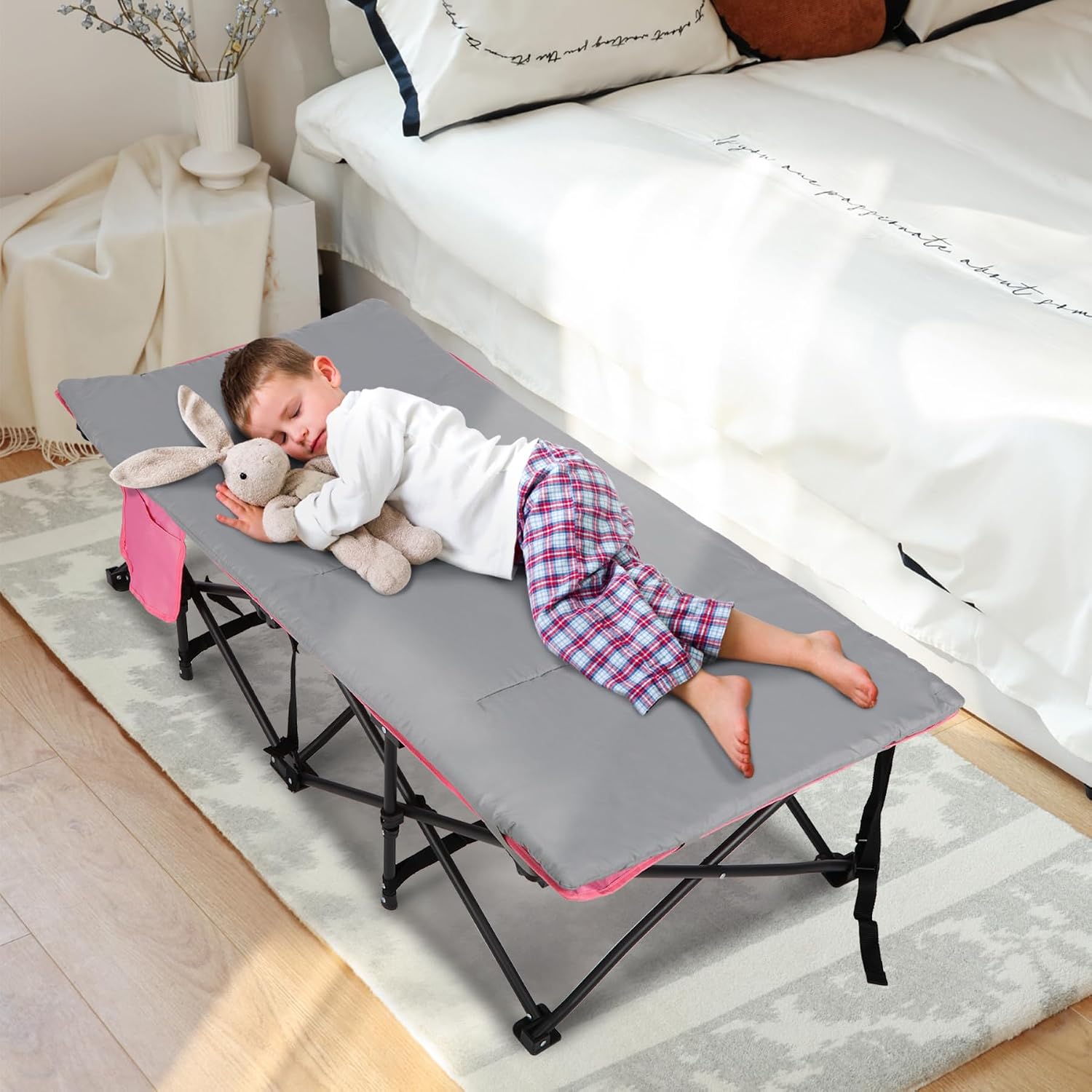 REDCAMP Extra Long Kids Cot for Camping 2-7 Years, Portable Travel Toddler Cot Bed with Carry Bag, Lightweight for Outdoor Indoor Home, Blue 53''x26''