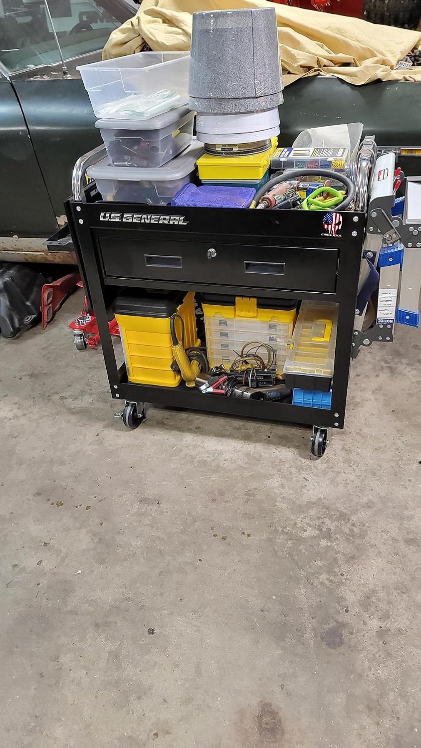 30 in. Large 350 lb. Capacity Glossy Black Service Cart With Locking Drawer