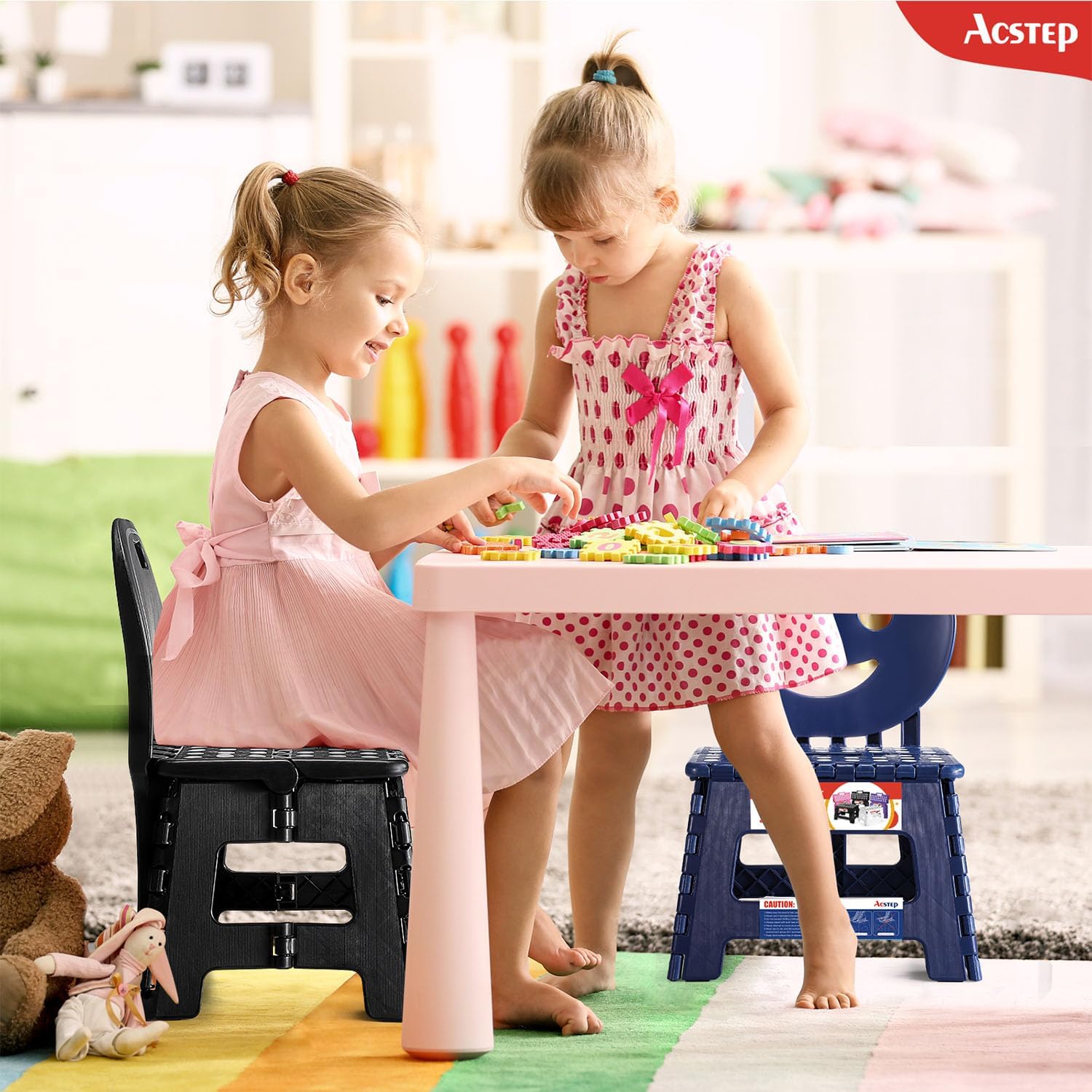 11 Inch Folding Step Stool for Kids, Non-Slip Foldable Stools, Black | Heavy Duty Collapsible Foot Stool, Lightweight with Built-in Handle, Holds 300 lb for Adults Kitchen Bathroom Bedroom Outdoor
