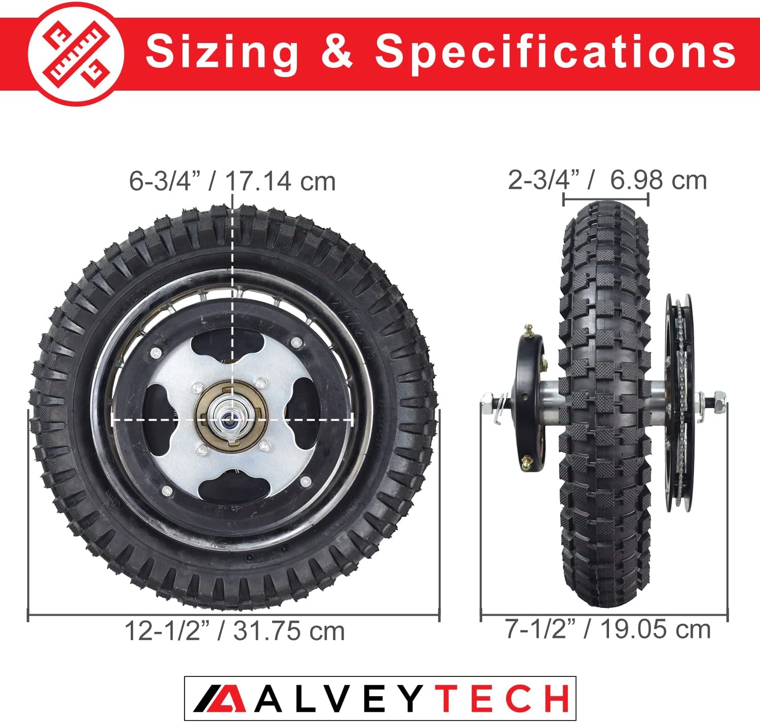 AlveyTech Rear Wheel Assembly for Razor MX350 (Versions 23+) and MX400 (Versions 19+) Dirt Rocket Bikes - Replacement Wheels with 12-1/2"x2.75 Tire