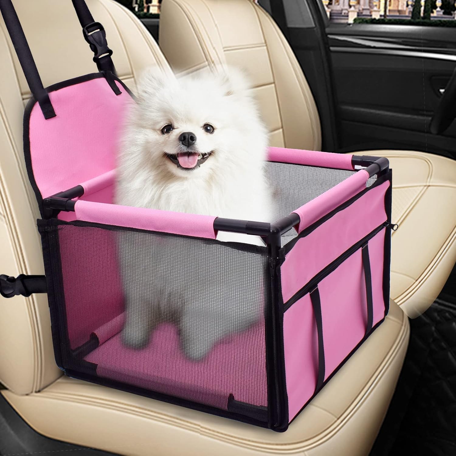 Dog Car Seat Puppy Portable Pet Booster Car Seat with Clip-On Safety Leash and PVC Support Pipe, Anti-Collapse,Perfect for Small Pets