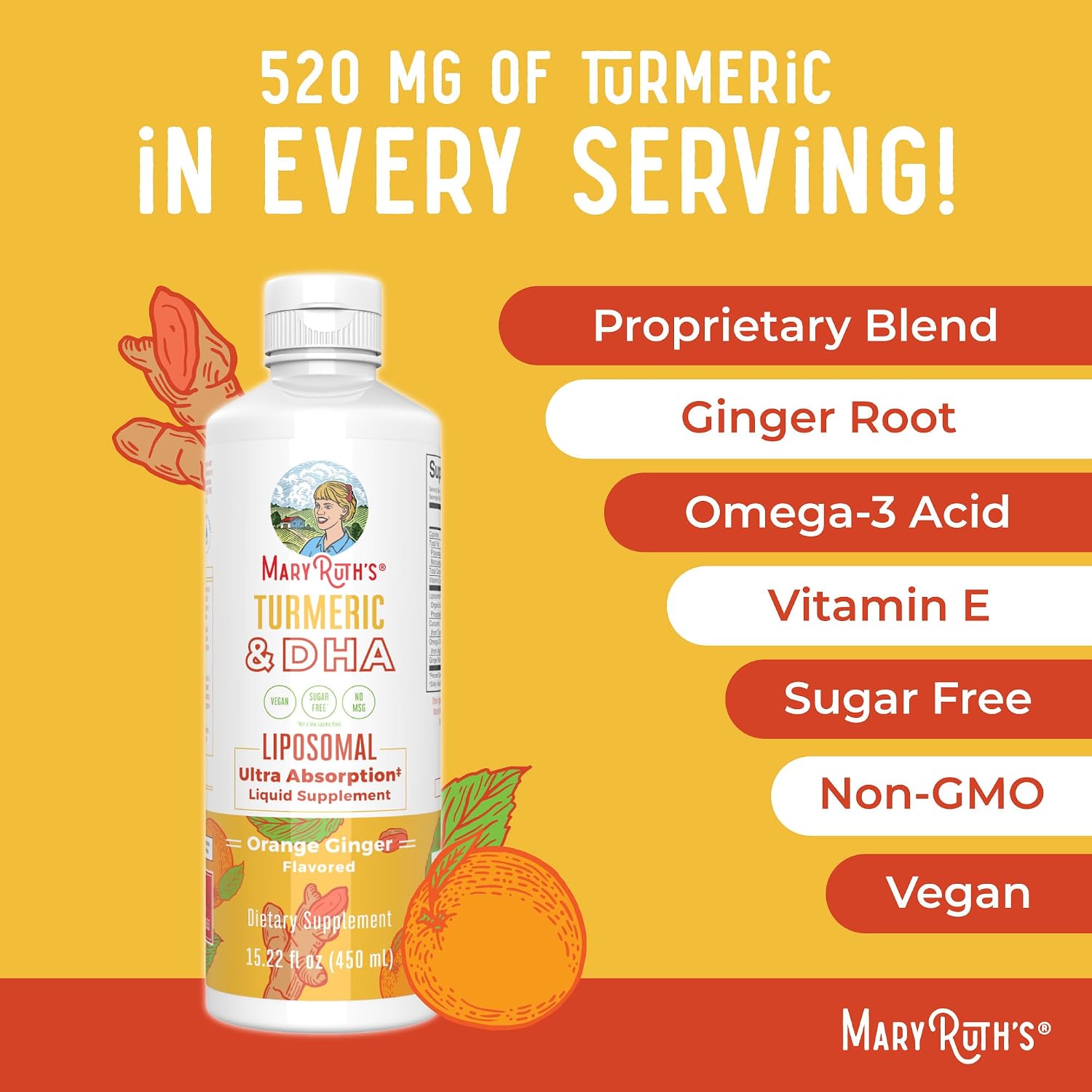 MaryRuth's Turmeric & DHA Liposomal Liquid, Ultra Absorption, 15.22 oz