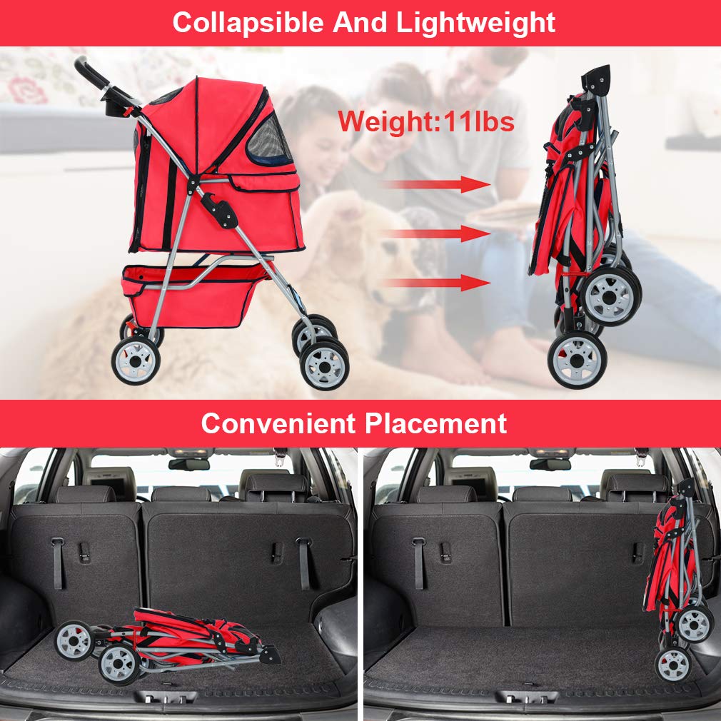 BestPet | 4-Wheel Foldable Pet Stroller | Black | Lightweight & Portable | Travel Carrier with Mesh Windows, Storage Basket, Cup Holder, Safety Brakes, and Waterproof Fabric | For Small Dogs and Cats