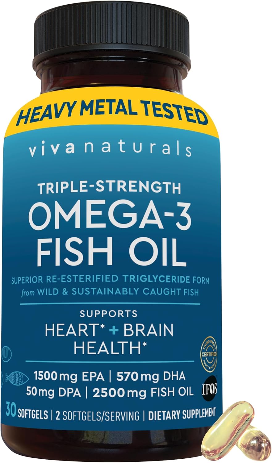 Viva Naturals Triple Strength Omega 3 Fish Oil Pills – 2500 mg High-Potency Formula with 2250 mg Omega 3 Fatty Acids (Including EPA, DHA, DPA) in rTG Form for Absorption – IFOS Certified, 90 Softgels