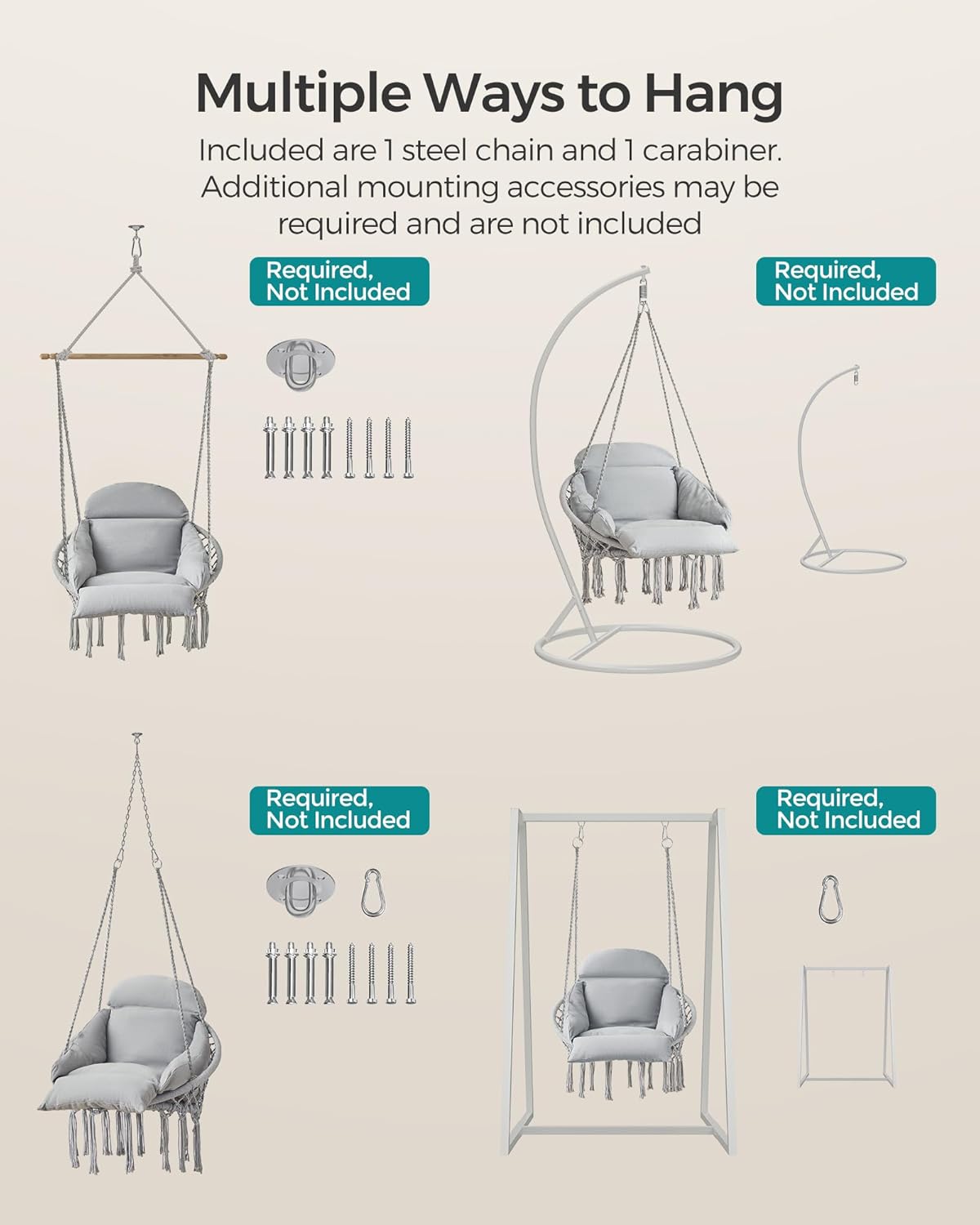 SONGMICS Hanging Chair, Boho Swing Chair with Large, Thick Cushion
