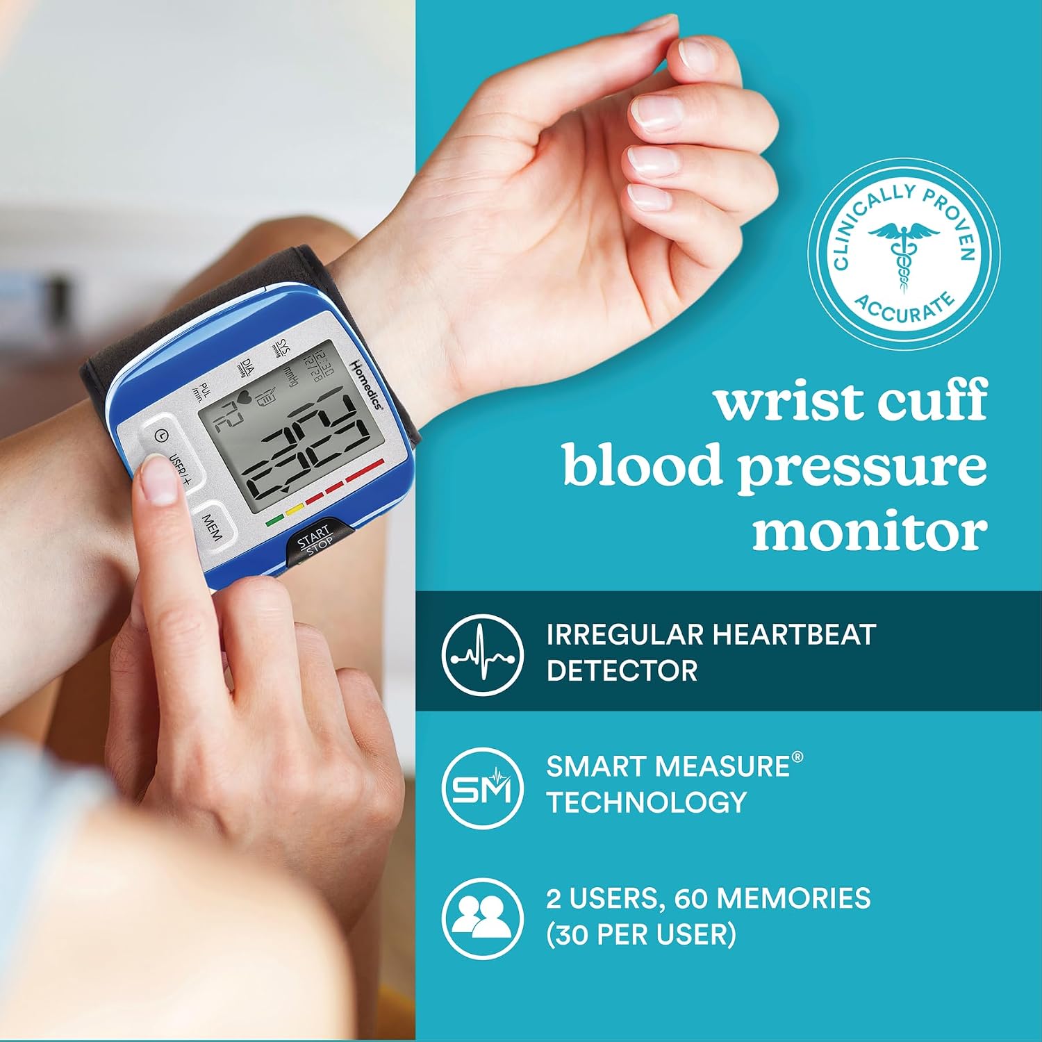 HoMedics Blood Pressure Monitor, Automatic Wrist Blood Pressure Machine with Easy One-Touch Operation, Stores up to 30 Readings for 2 Users