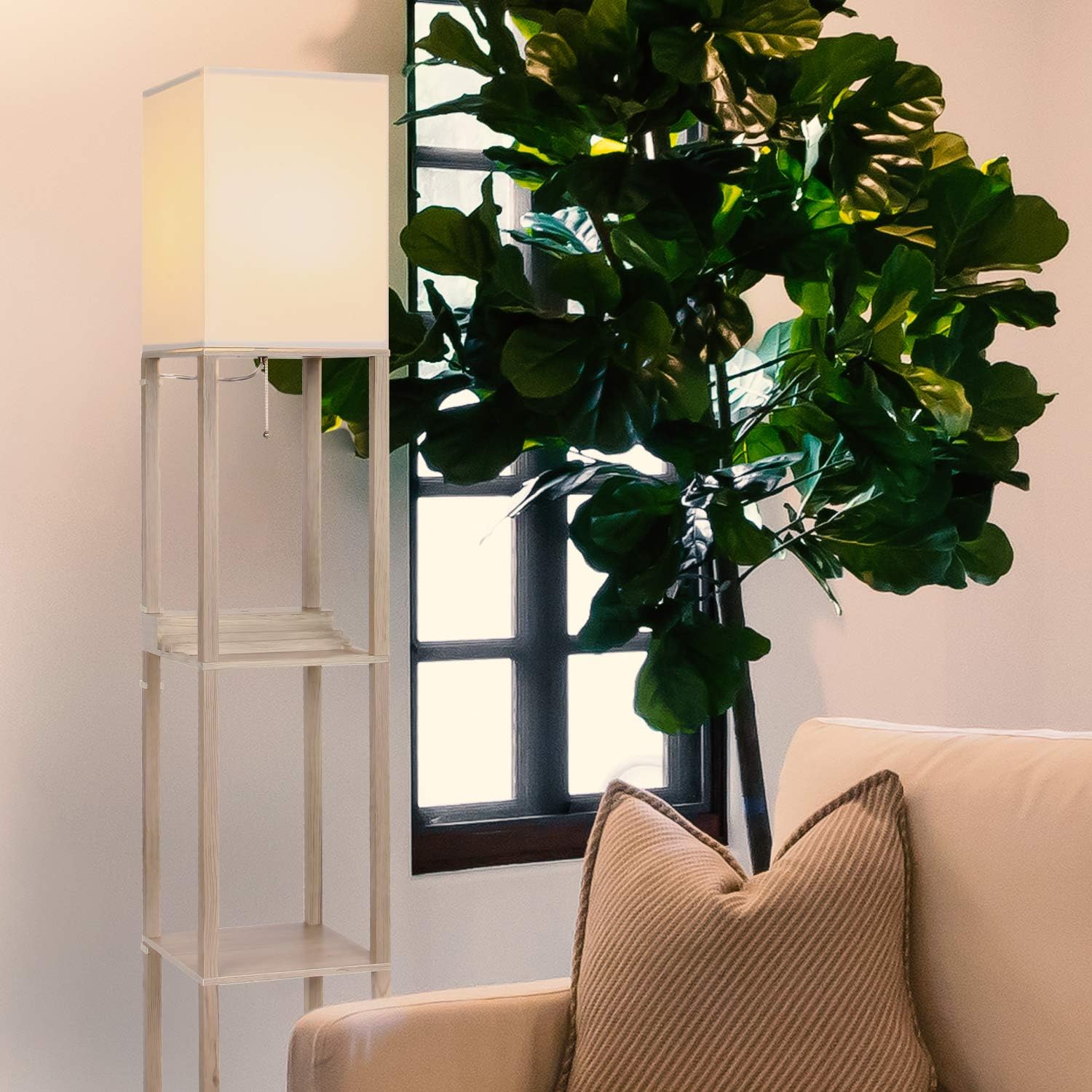 Brightech Maxwell Charger - Modern Shelf Floor Lamp with USB Charging Ports & Electric Outlet - Corner Display Floor Lamps with Shelves for Living