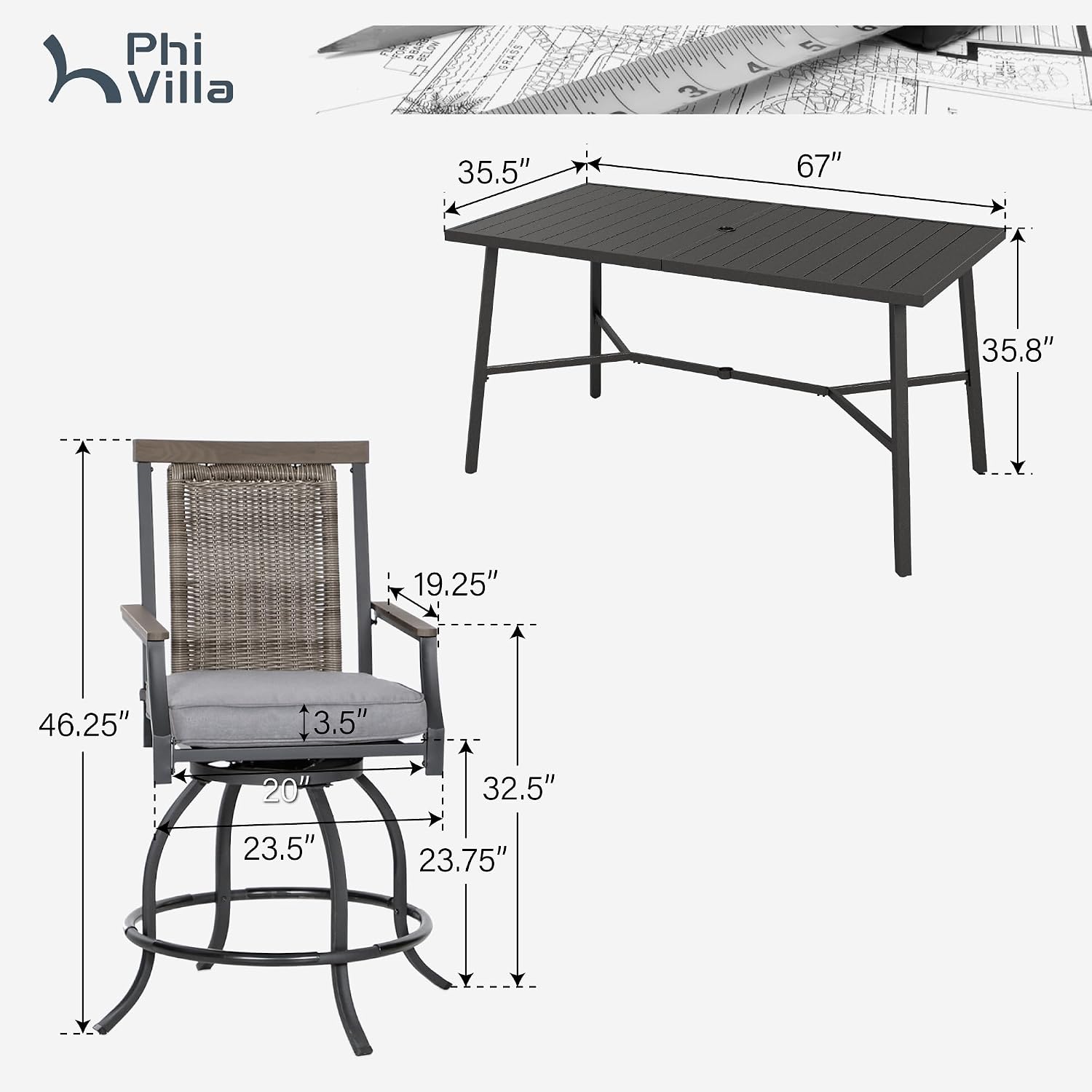 PHI VILLA Outdoor Bar Set 3 PCS Patio Bistro Table & Swivel Stools