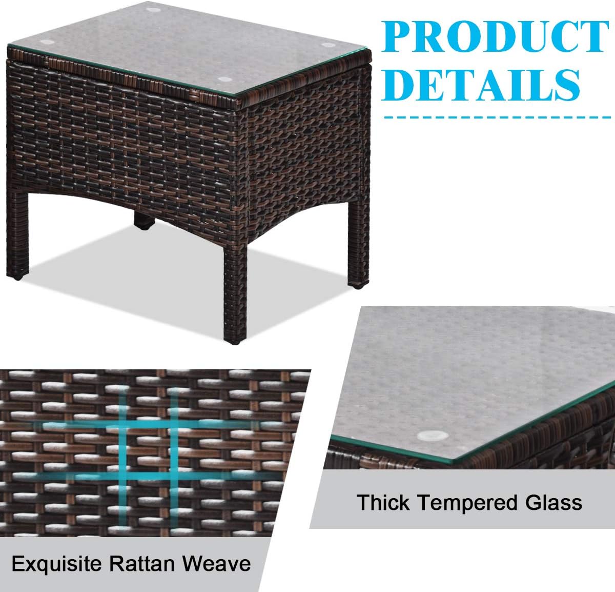 Tangkula 3 Piece Outdoor Patio Furniture Set, Wicker Chairs Set with Glass Top Coffee Table, Thick Cushions