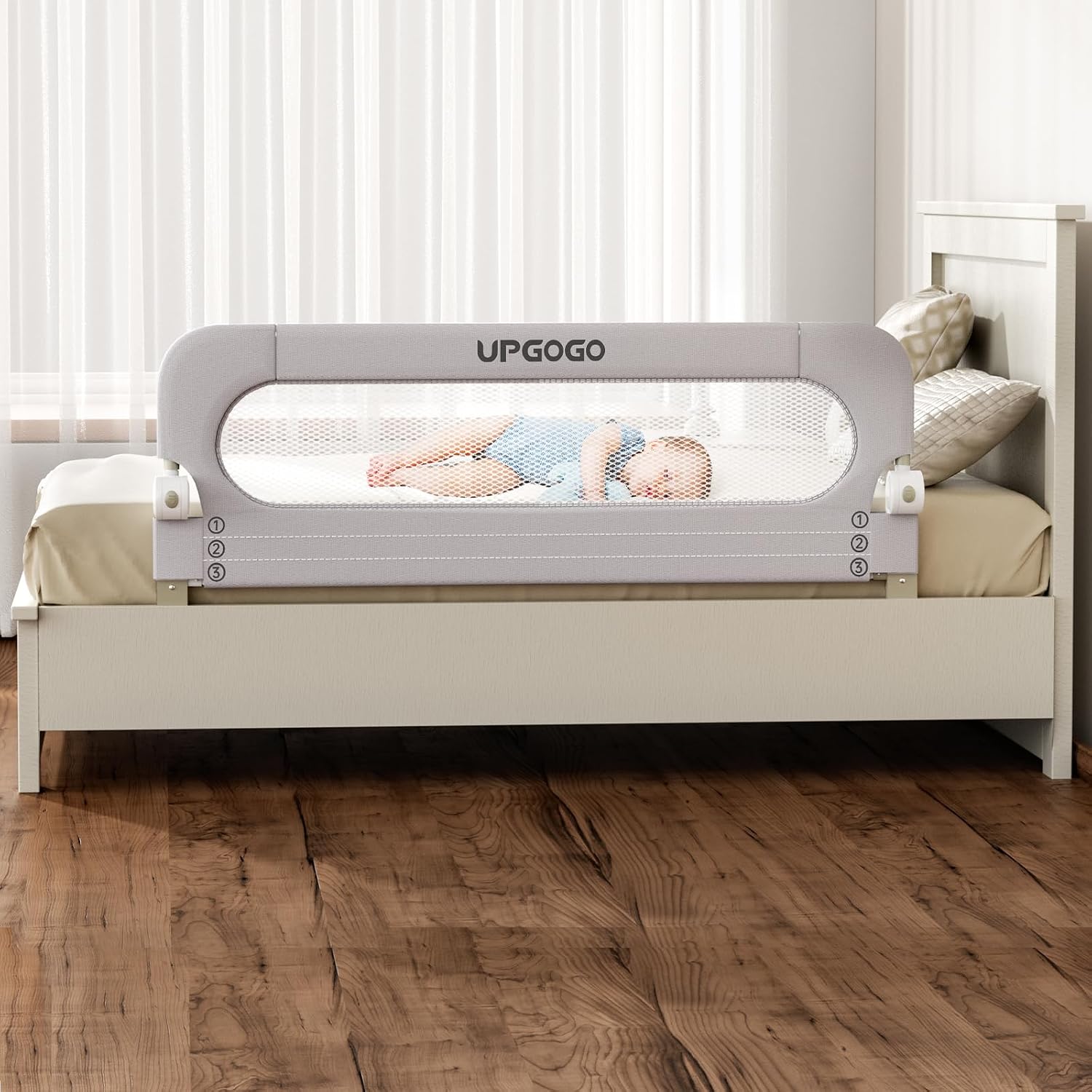 UPGOGO Folding Bed Rail for Toddlers, White, 71" L x 23.6" H | U-shaped base，Reinforced Anchors, Built-in Sponge , Secure lock