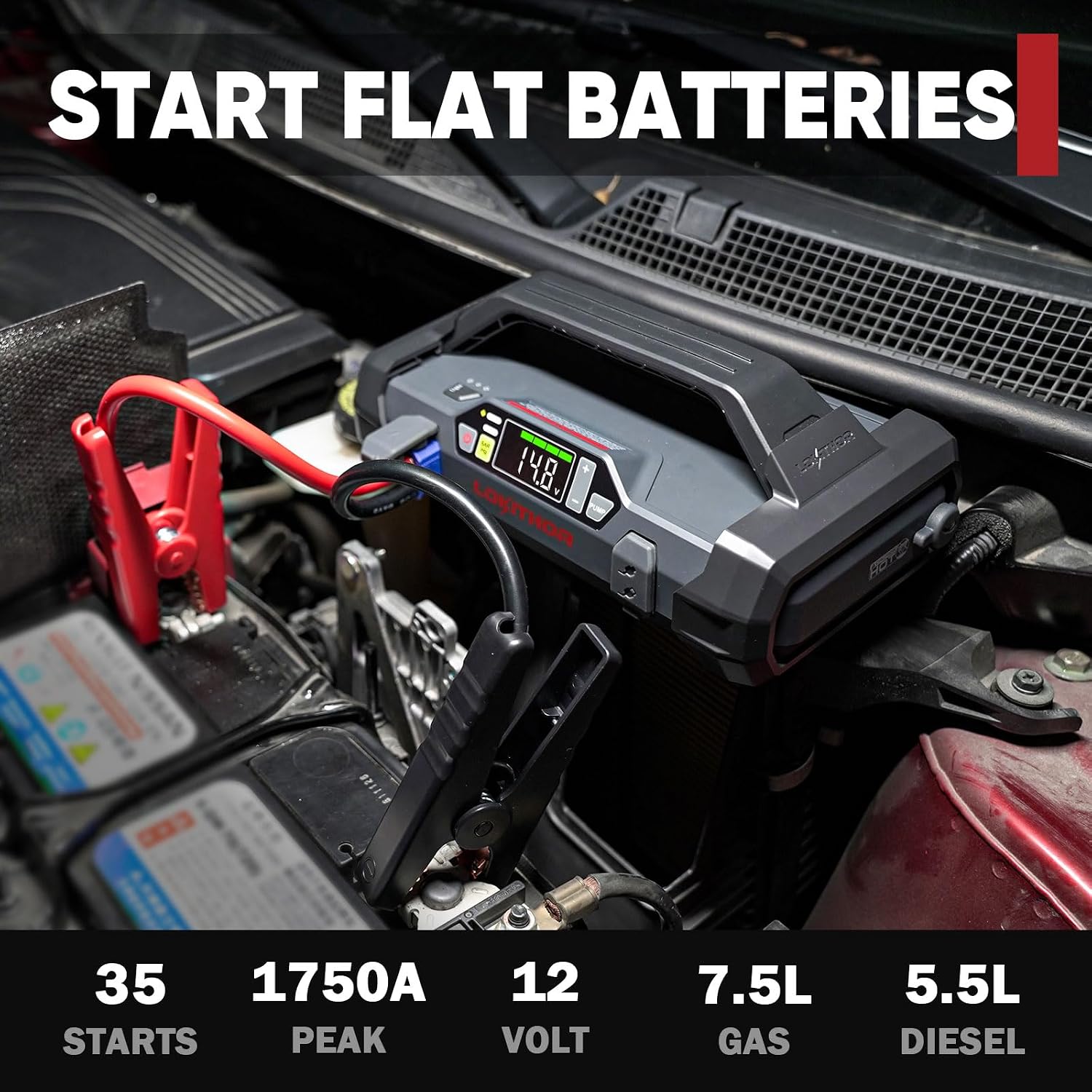 LOKITHOR JA400 Jump Starter with Air Compressor(7.5L Gas & 5.5L Diesel) | 1750A 12V Portable Jumper Box | 150PS 40LPM Tire Inflator, Digital Display