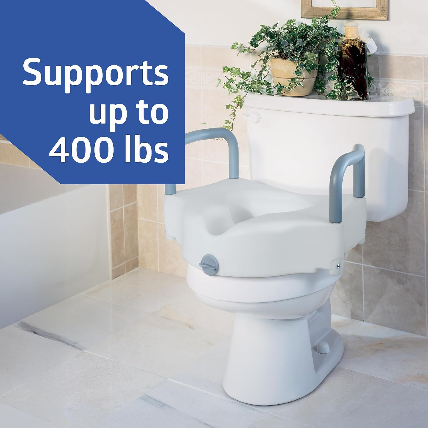 Medline 5" Standard Raised Locking Toilet Seat, 400 lb Capacity | Toilet Riser with Removable Padded Arms, Fits Most Standard Toilets, No Lid, Medical Seat For Adults and Elderly