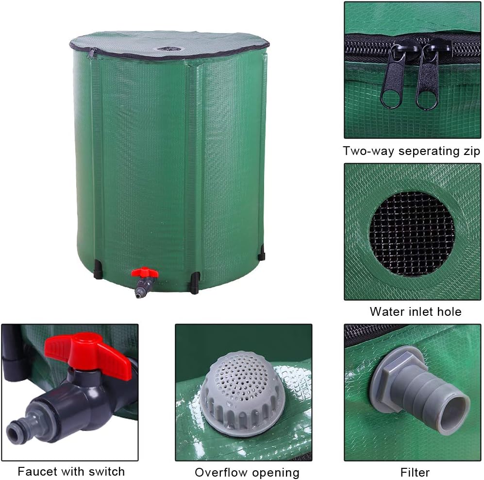 Collapsible Rain Barrel, Portable Water Storage Tank, Rainwater Collection System Downspout, Water Catcher Container (50 Gallon, Green)