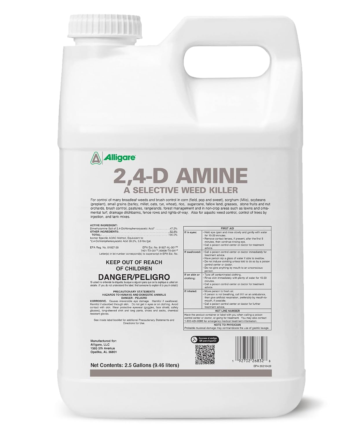 ALLIGARE 2,4-D Amine Weed Killer Concentrate - Post-Emergent Herbicide to Control Pigweed, Thistle, Ragweed, & More - 47.2% Active Ingredient - for Lawns, Pastures, Aquatic Sites & Crops - 2.5 Gallon