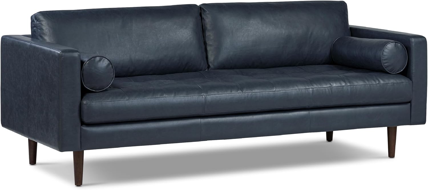 Poly & BARK 55" Tufted Leather Bed Bench for Bedroom End of Bed - Living Room Entry Way Bench - Pure Italian Leather Upholstery with a Solid Wood Frame - Ottoman Bench with Wooden Legs - Cognac Tan