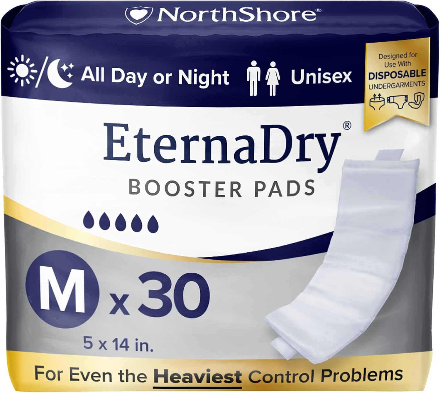 NorthShore EternaDry Booster Pads with Adhesive, Large, 30 Count | Diaper Doublers for Men and Women, Extended Leak Protection, Overnight Heavy Bladder Leaks, Minimize Changes, 6x16 in.