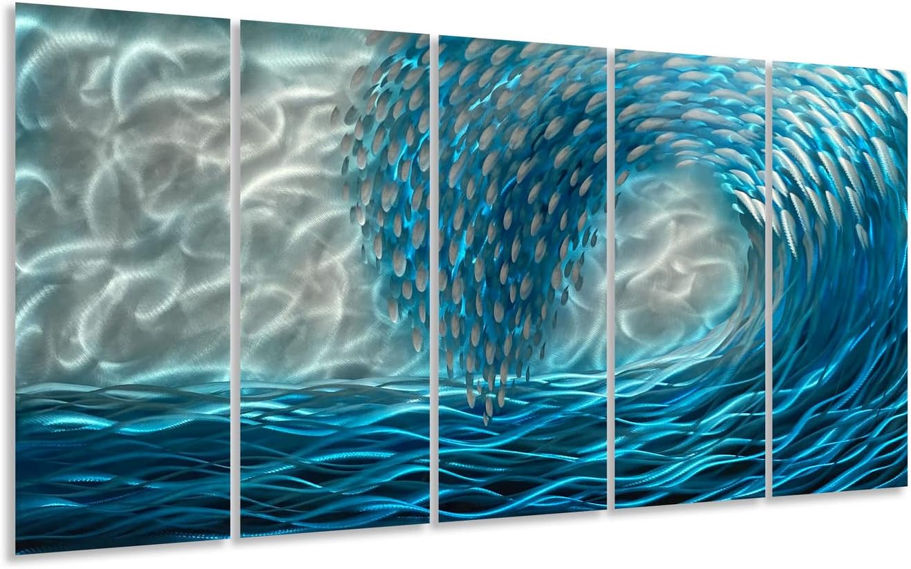 Yihui Arts Handcrafted 3D Metal Wall Art - Ocean Wave Sculpture, 5 - Panel Aluminum Decor for Living Room, Bedroom & Office