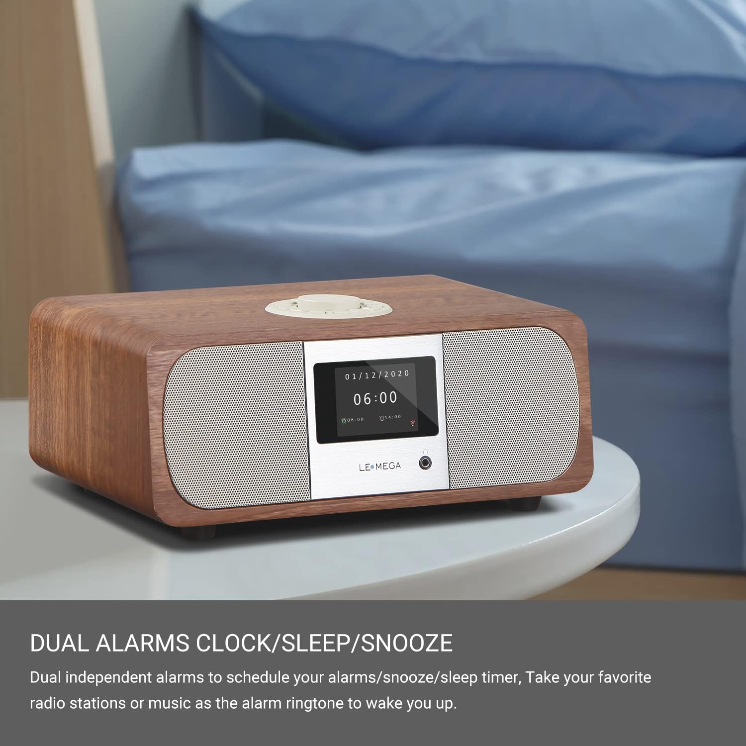 LEMEGA M3+ Internet Radio, Podcasts,Spotify, Bluetooth, FM Stereo, Walnut | Full colour display, 40 presets, remote control, acoustic wooden cabinet, headphone jack, USB, AUX-in, dual alarms clock