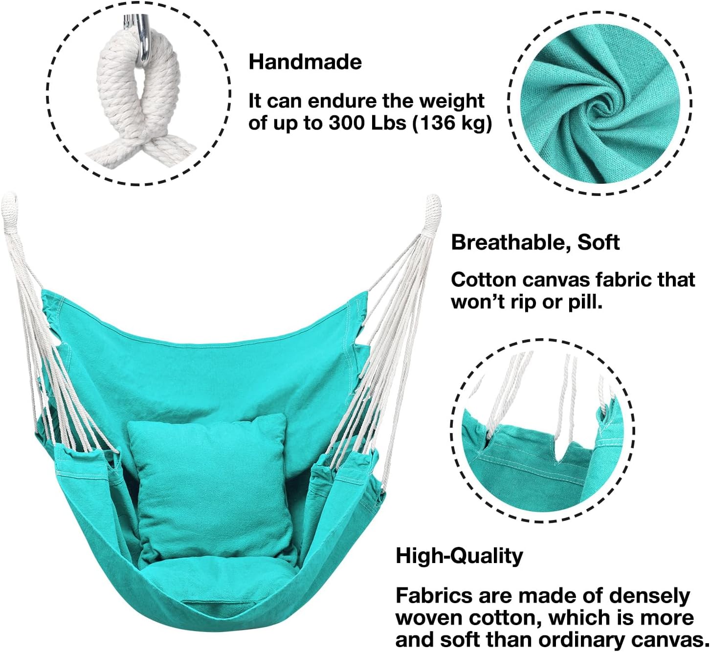Hommtina Hammock Chair Hanging Rope Swing, Max 300 Lbs Hanging Chair with Pocket & Durability Perfect for Outdoor, Home, Bedroom, Patio