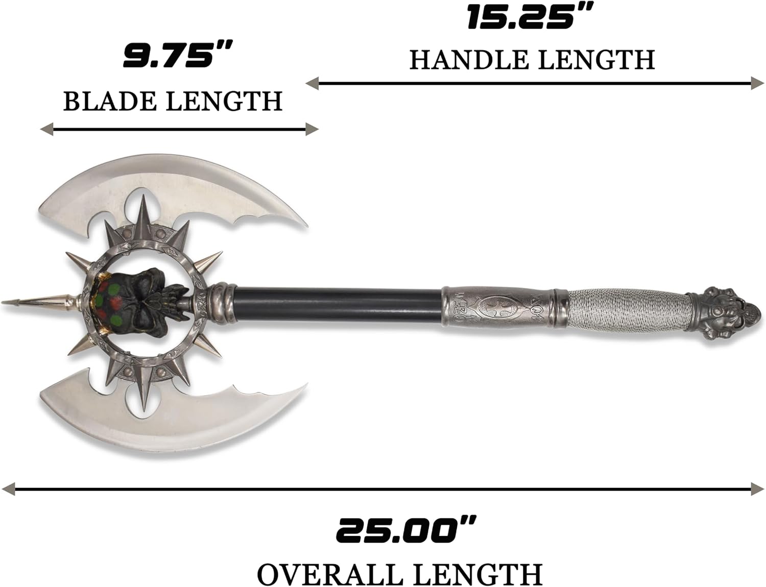 BladesUSA – Fantasy Axe – Full Size Fantasy Medieval Battle Axe, Dual Blades and 11 Steel Spikes Around Center Skull. Wire Wrapped Handle