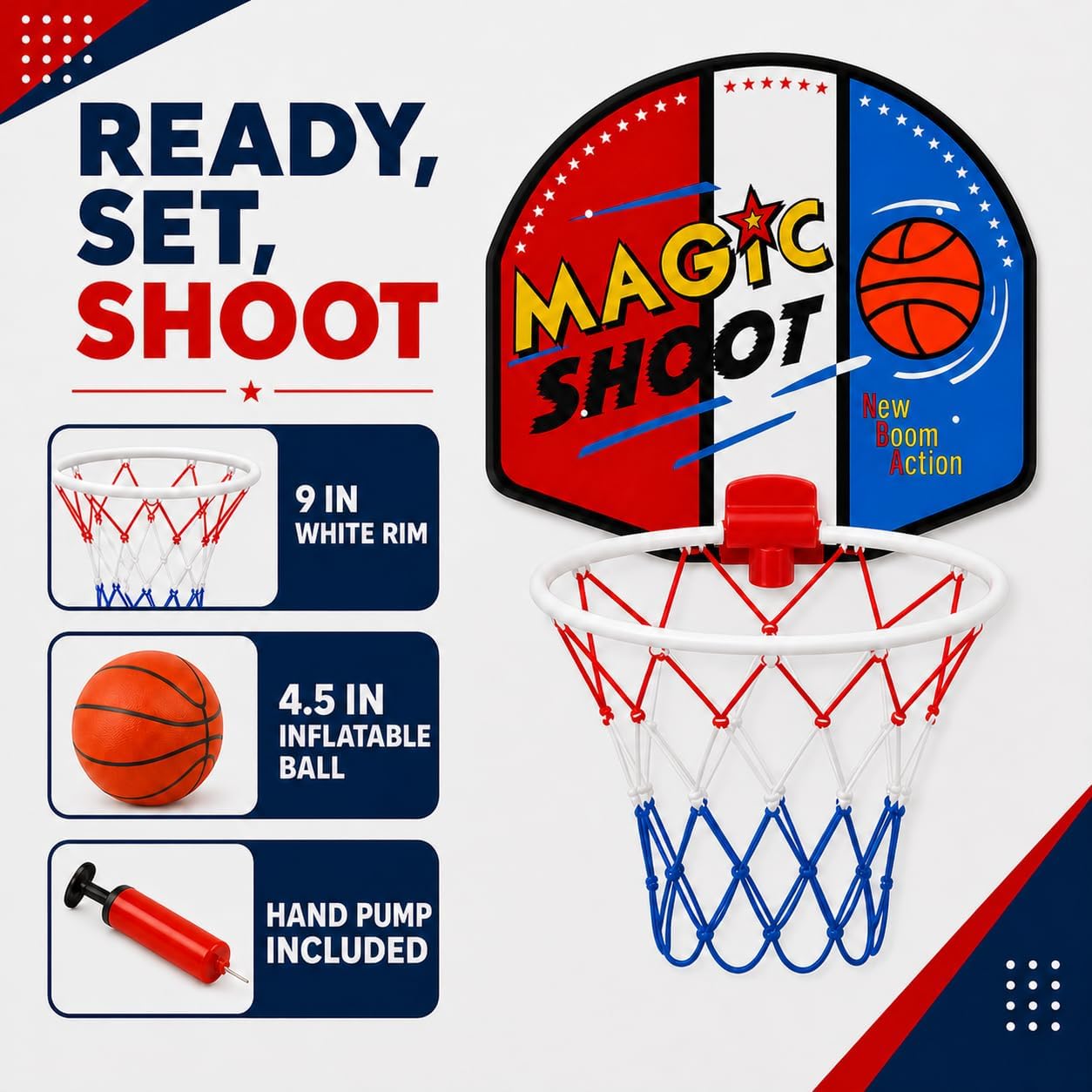 Indoor Mini Basketball Hoop Set, 16 x 13 in Backboard, Ball and Manual Pump | Over The Door Basketball Hoop With 9-Inch White Rim, 4.5-Inch Ball