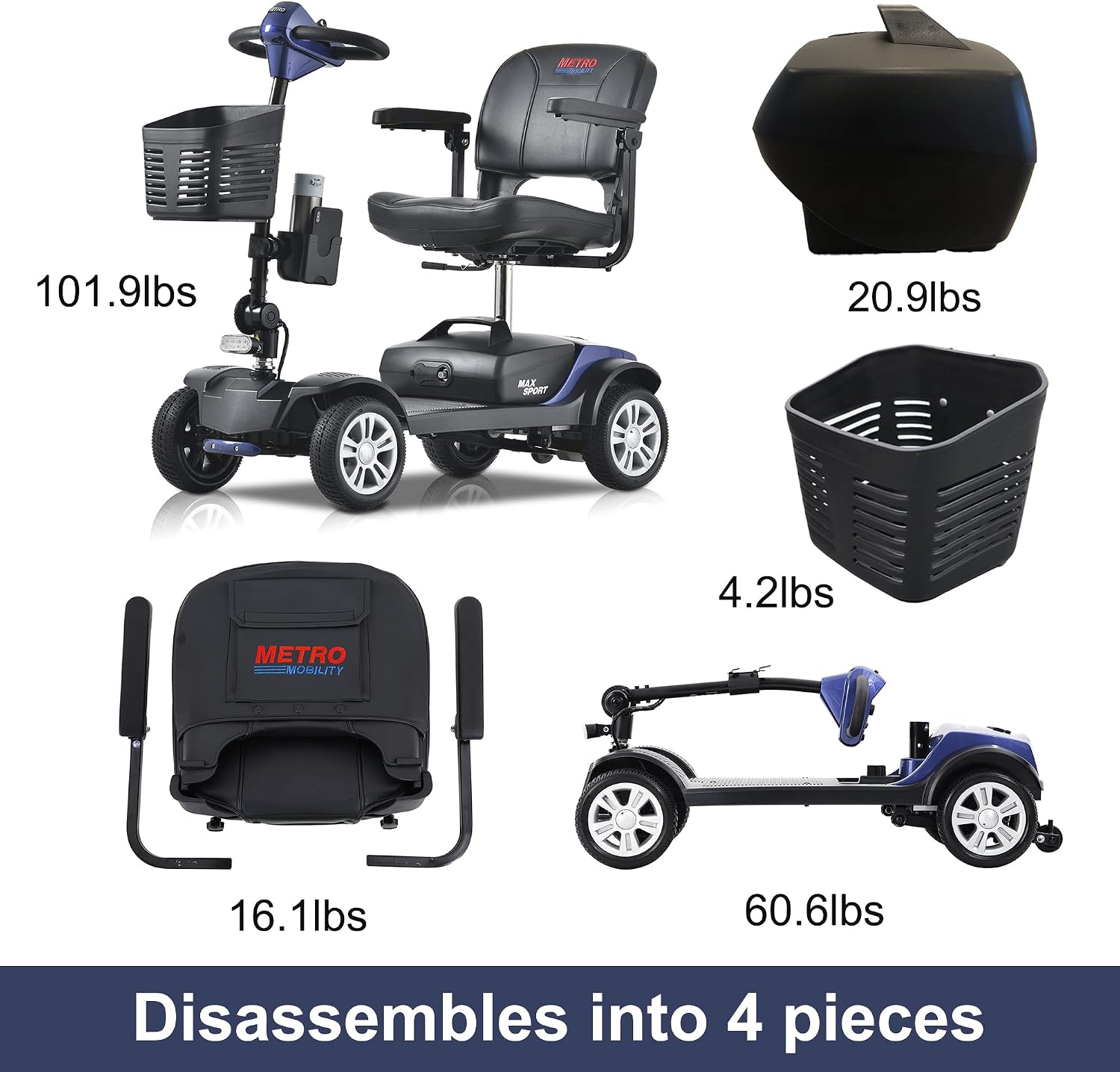 Metro Mobility 4 Wheel Powered Mobility Scooter for Seniors - 300 lbs Capacity Electric Mobility Scooter for Adults - Long Range Power Extended