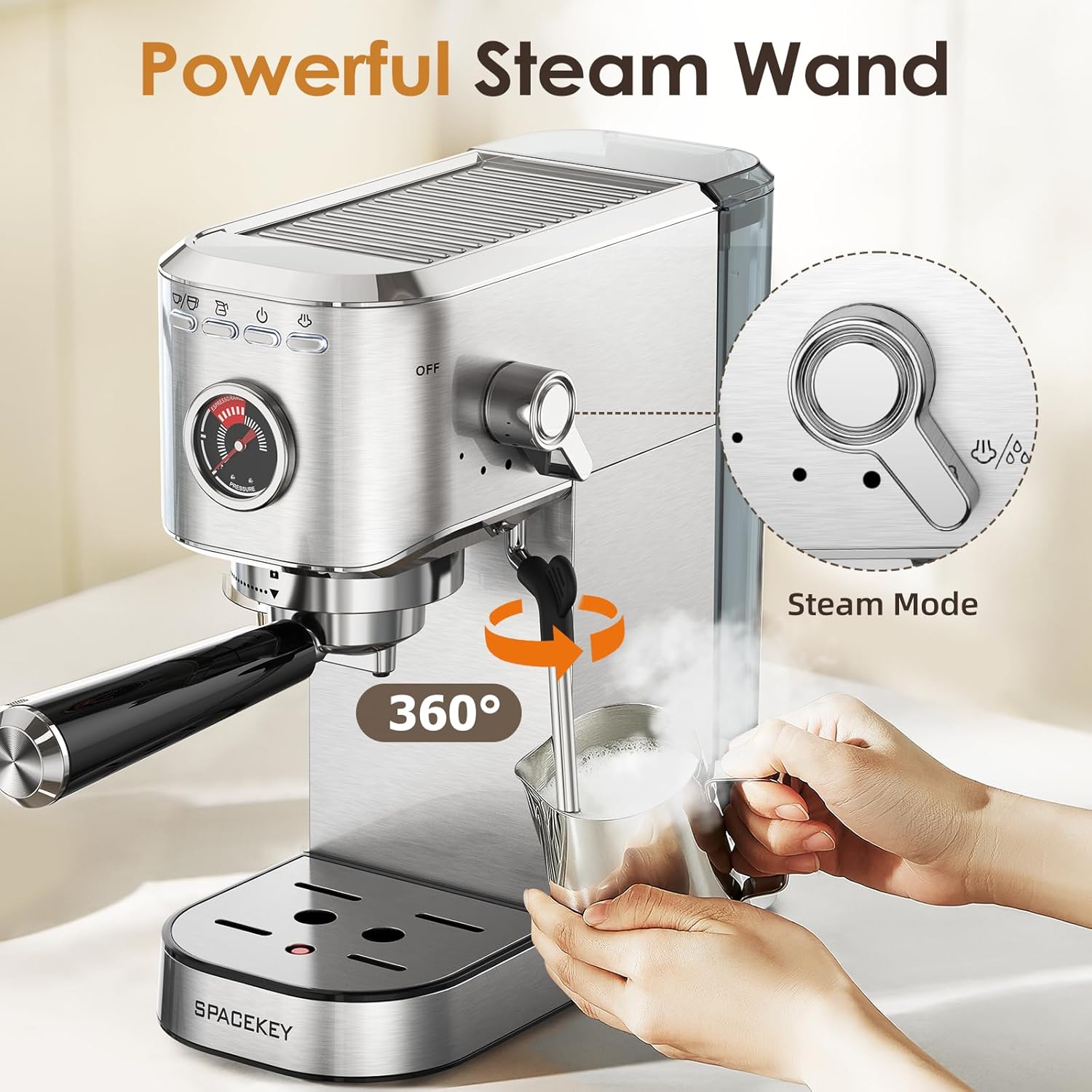 Spacekey Espresso Machine with Milk Frother, 20 Bar Compact Expresso Coffee Machines for Home