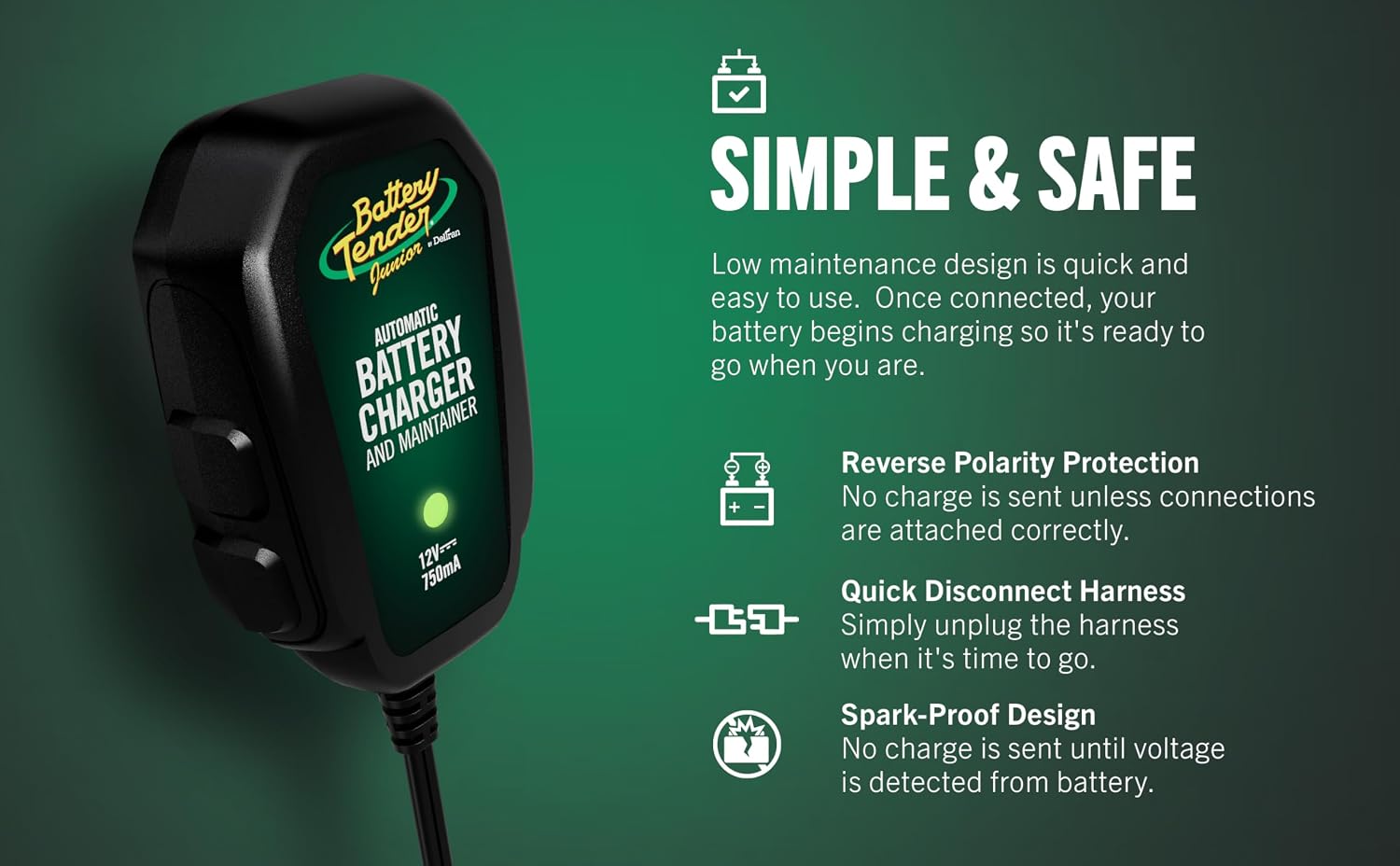 Battery Tender Junior 12V, 750mA Charger and Maintainer: Automatic 12V Powersports for Motorcycle, ATVs