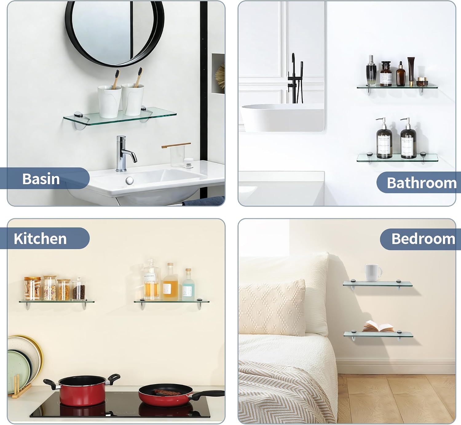 Alise Bathroom Glass Shelf, 15 Inch Floating Shelves for Wall, Matte Black